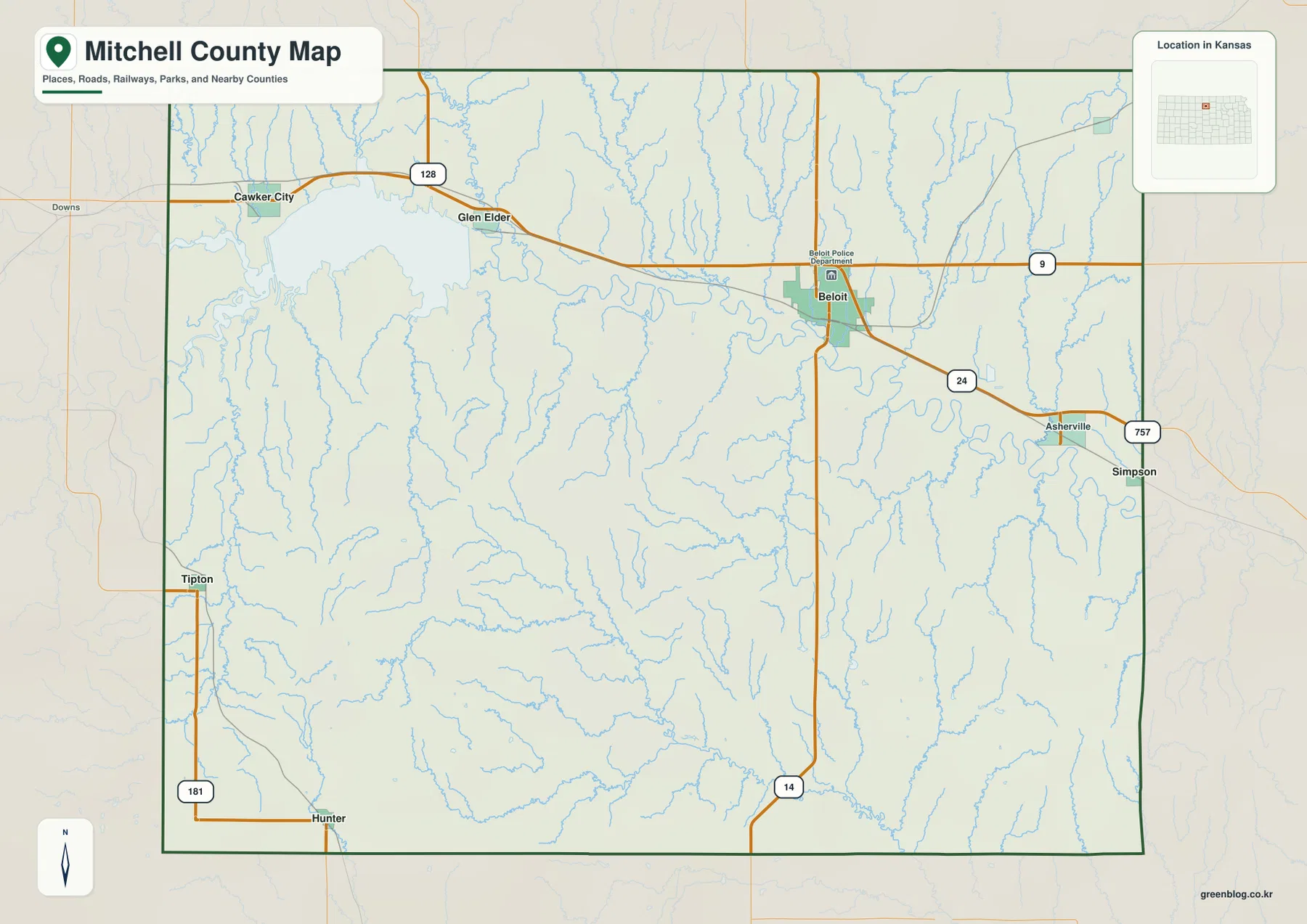 Mitchell County Kansas map showing Beloit, Glen Elder, Cawker City, Tipton, Simpson, US 24, K-9 and K-14