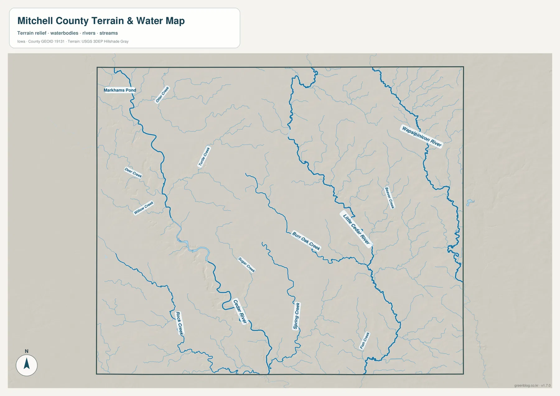 Mitchell County Iowa water map Cedar River Little Cedar River Wapsipinicon River