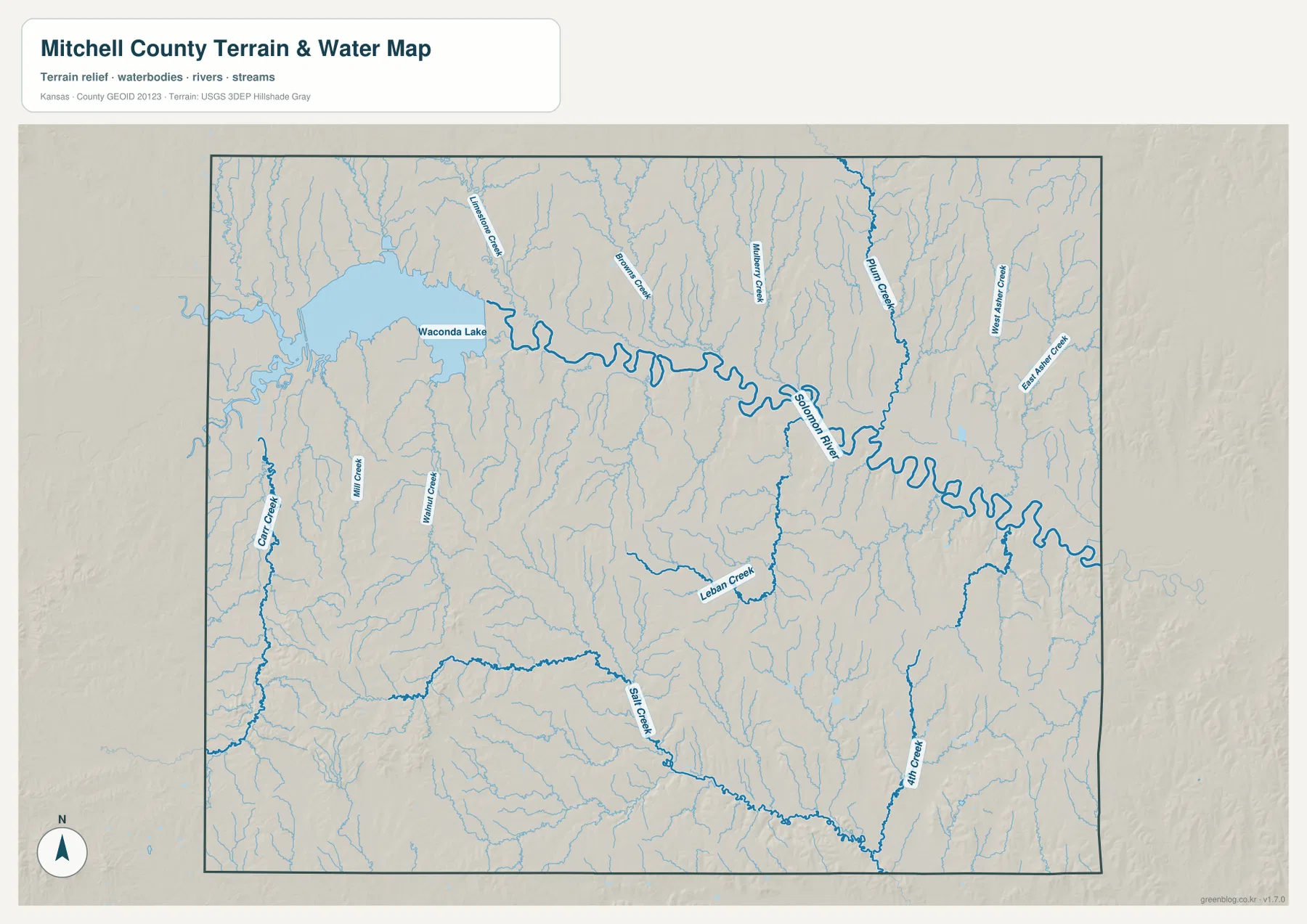 Mitchell County Kansas terrain and water map showing Waconda Lake, Solomon River, Limestone Creek, Browns Creek, Mulberry Creek and Salt Creek