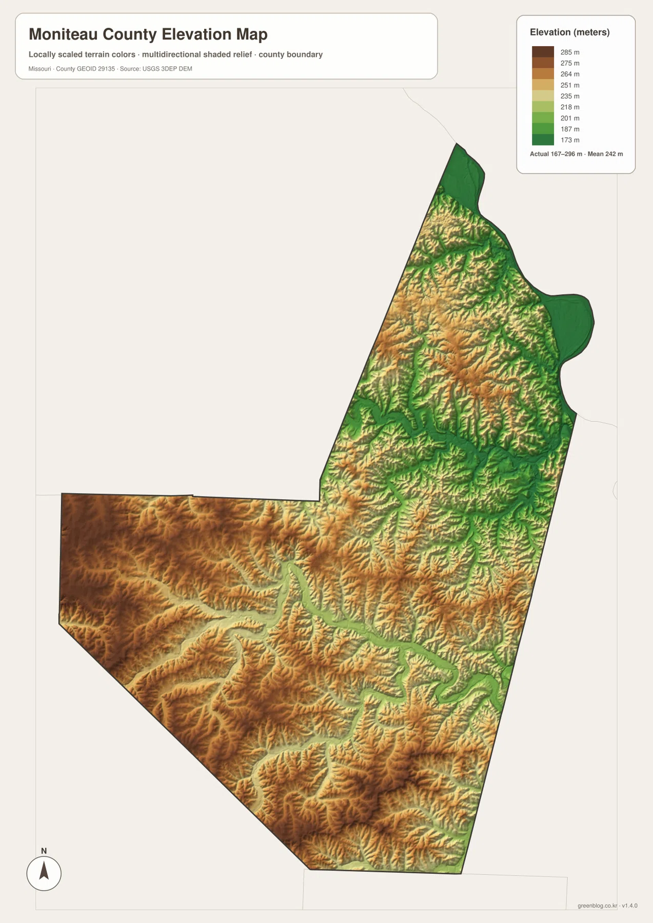 167~296m 고도 범위와 Missouri River 저지, 서남부 구릉을 보여 주는 Moniteau County 고도 지도