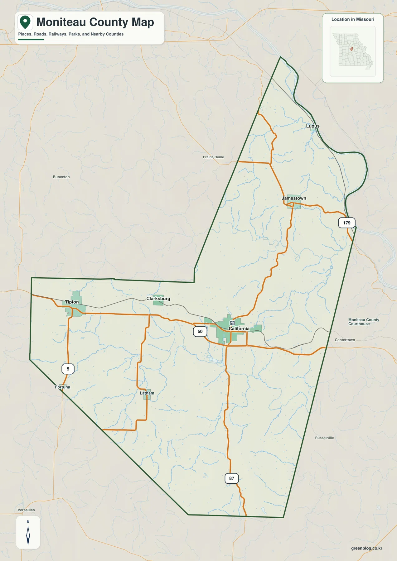 California, Tipton, Jamestown, Lupus와 U.S. 50, Route 87, Route 179를 표시한 Moniteau County 지도