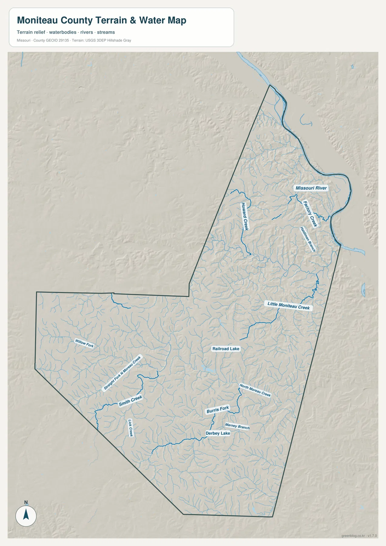 Missouri River, Little Moniteau Creek, Howard Creek, Factory Creek, Smith Creek를 표시한 Moniteau County 지형 수역 지도