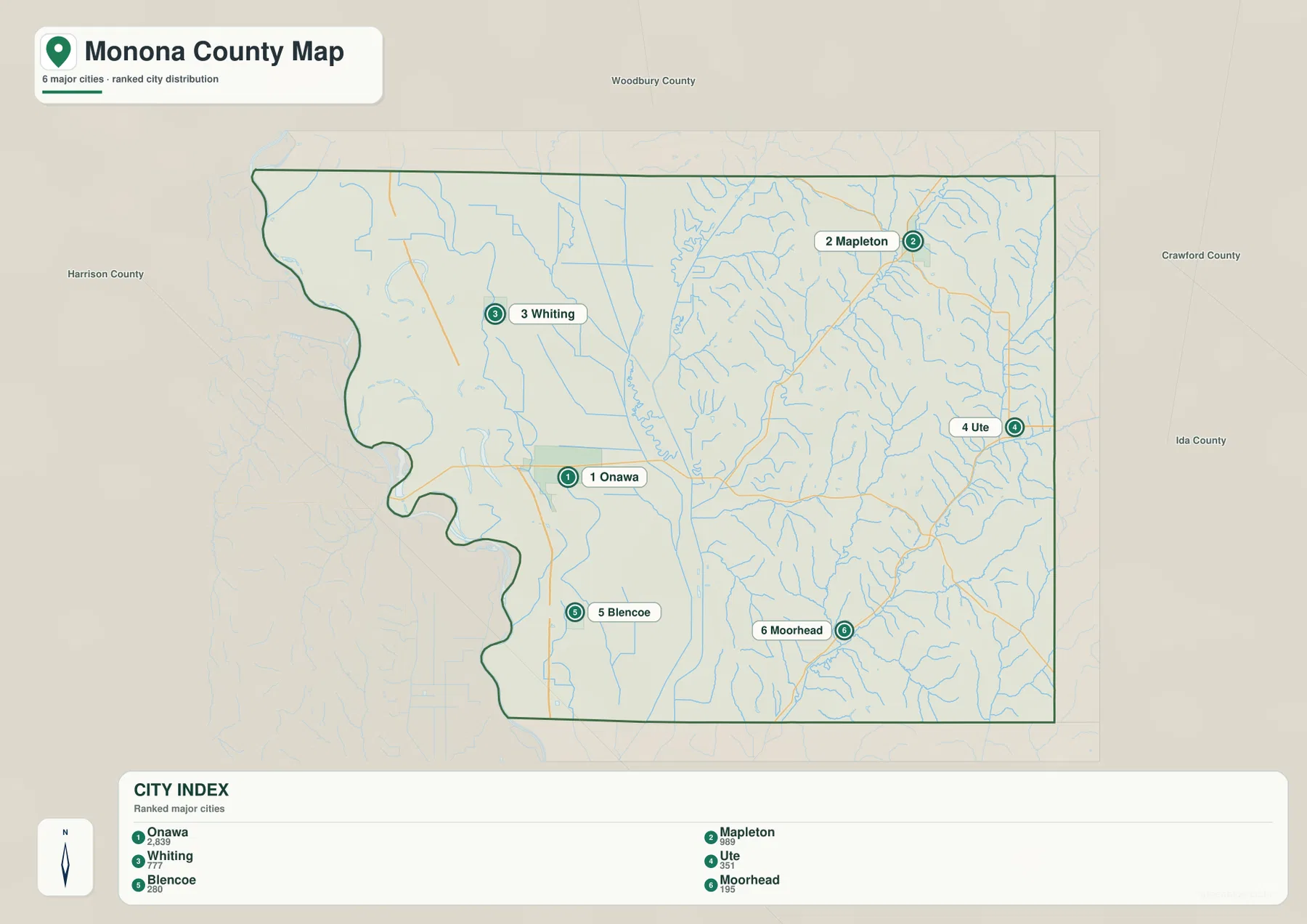 Monona County Iowa city map Onawa Mapleton Whiting Ute Blencoe Moorhead