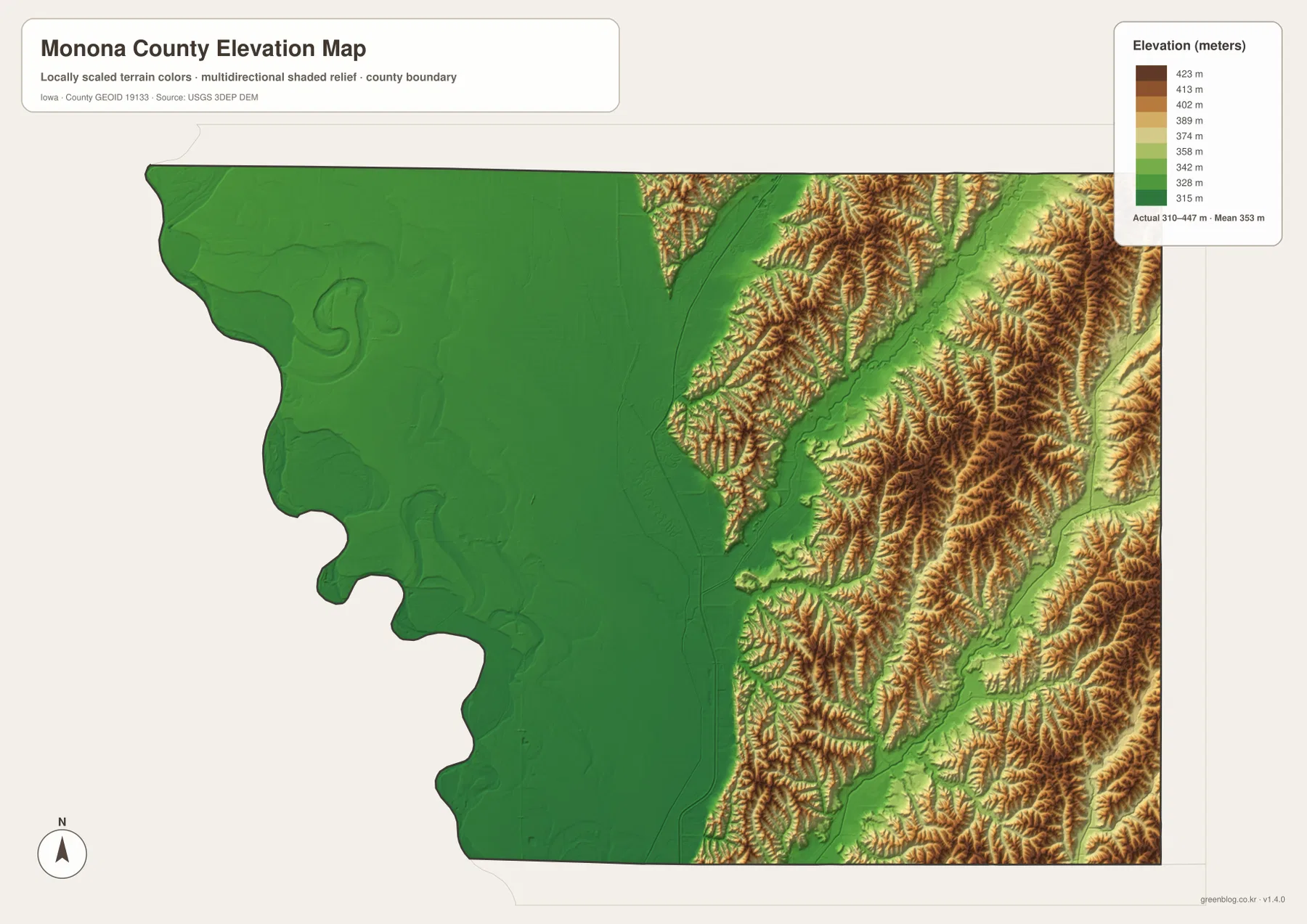 Monona County Iowa elevation map 310 447 meters western lowland eastern ridges