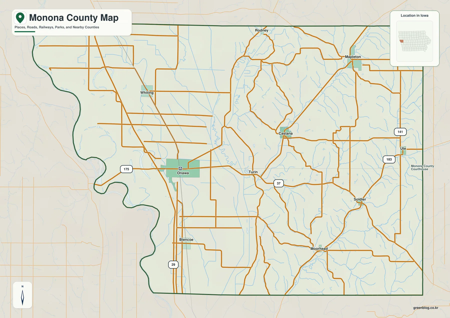 Monona County Iowa map Onawa Mapleton U.S. 29 Iowa 175