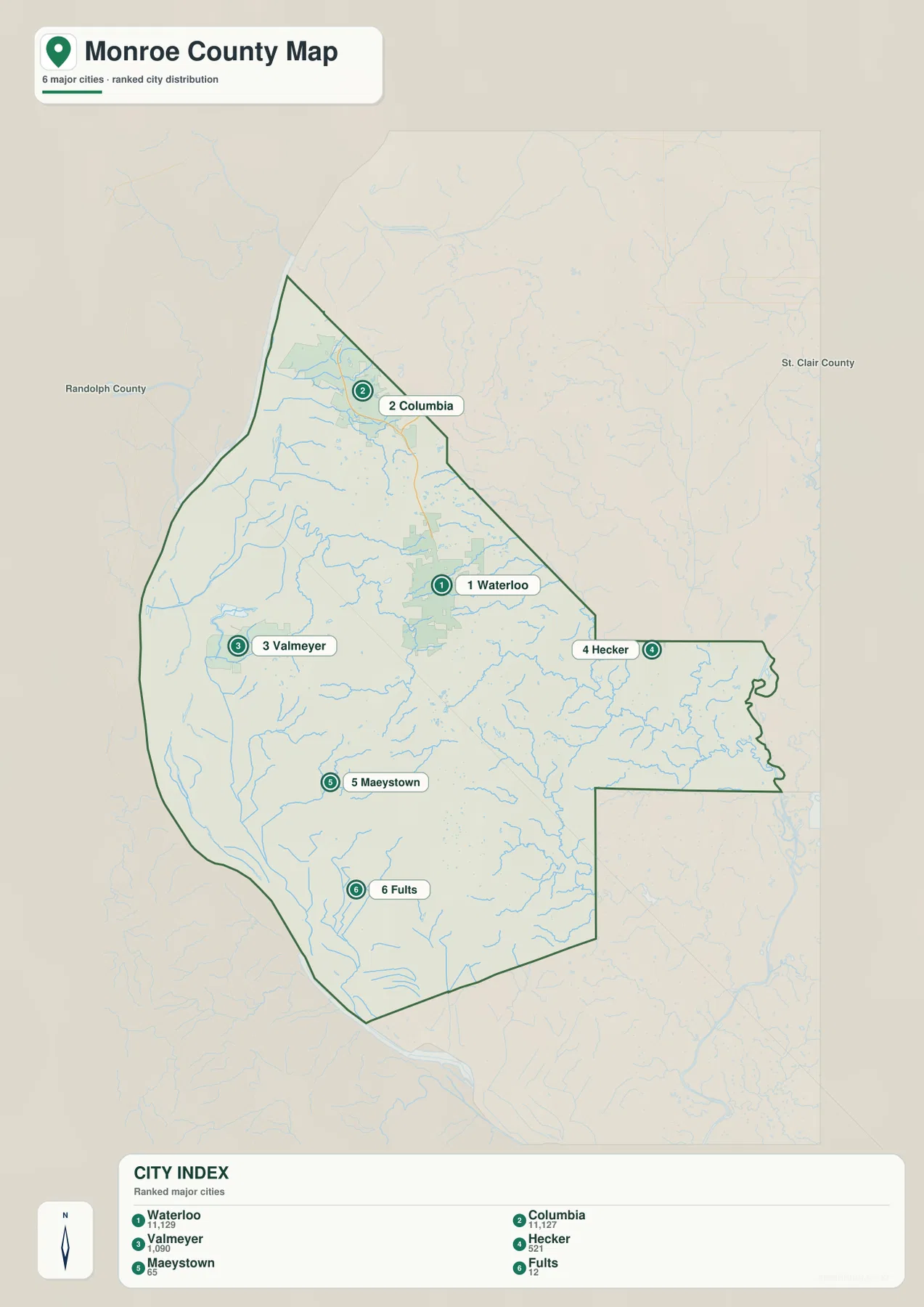 Waterloo, Columbia, Valmeyer, Hecker, Maeystown, Fults의 위치와 순위를 보여 주는 Monroe County 도시 지도