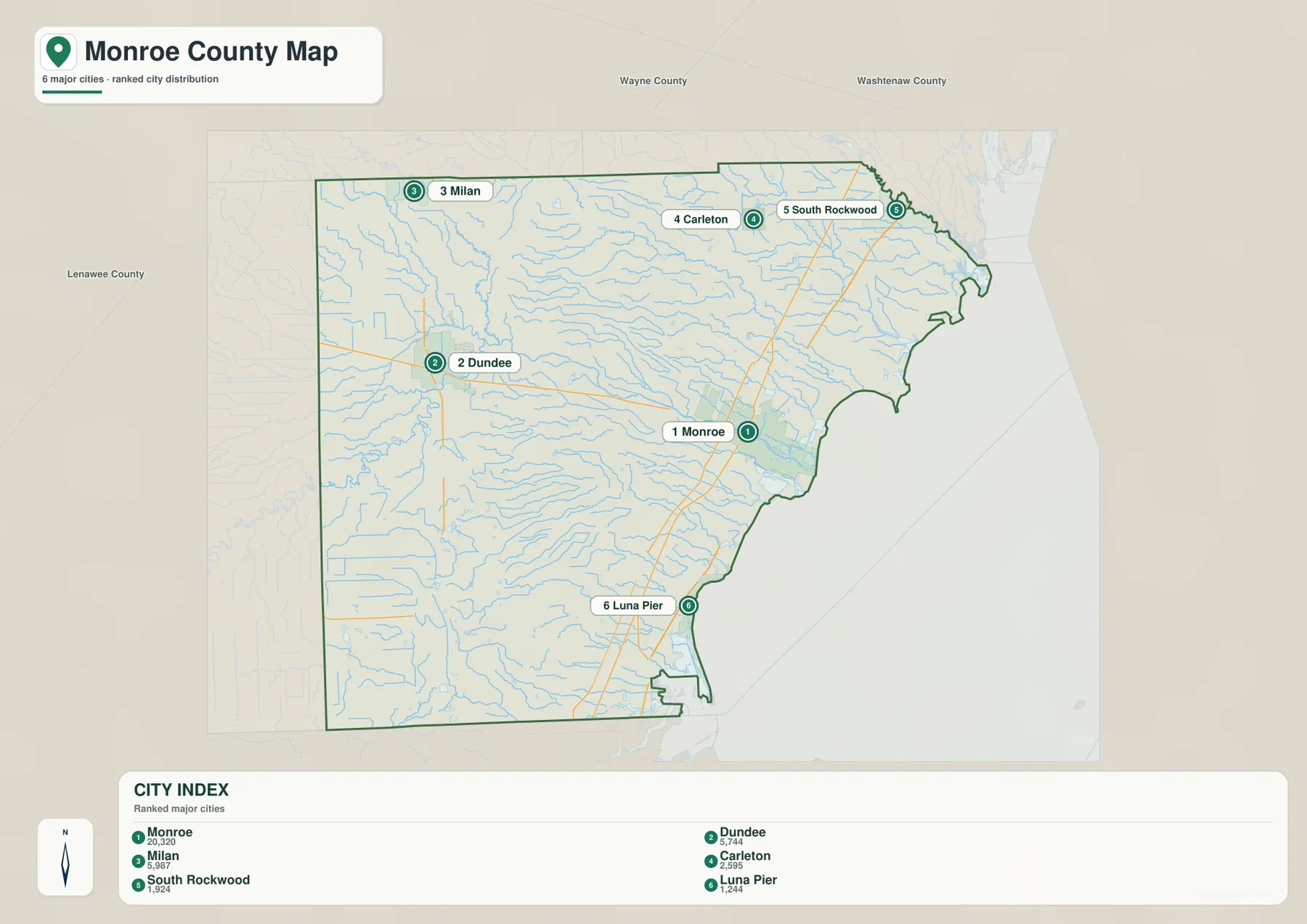 Monroe County Michigan city map with Monroe, Dundee, Milan, Carleton, South Rockwood, and Luna Pier