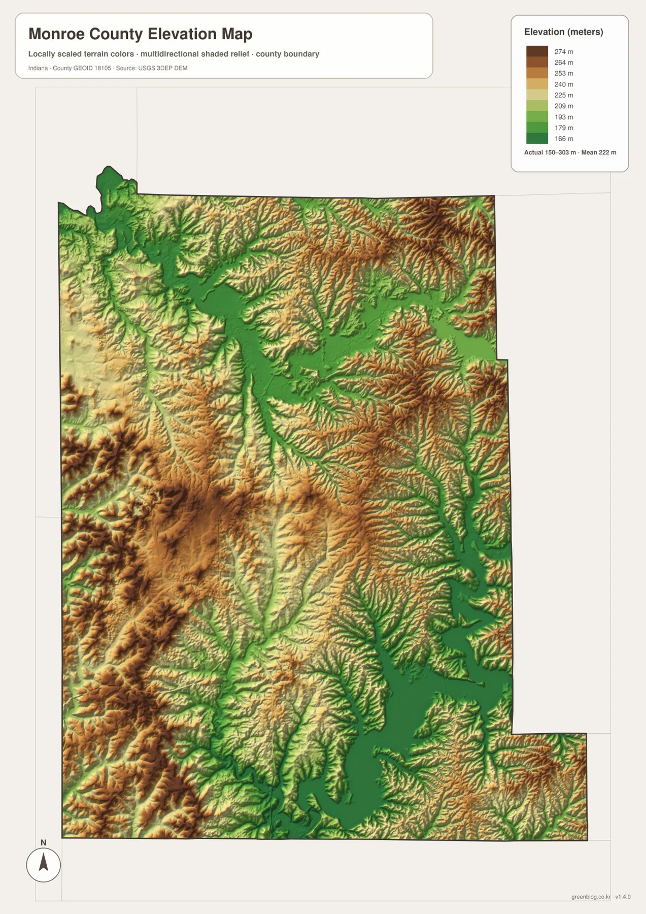 Monroe County elevation map showing low green lake and creek valleys and high brown ridges across the west and northeast