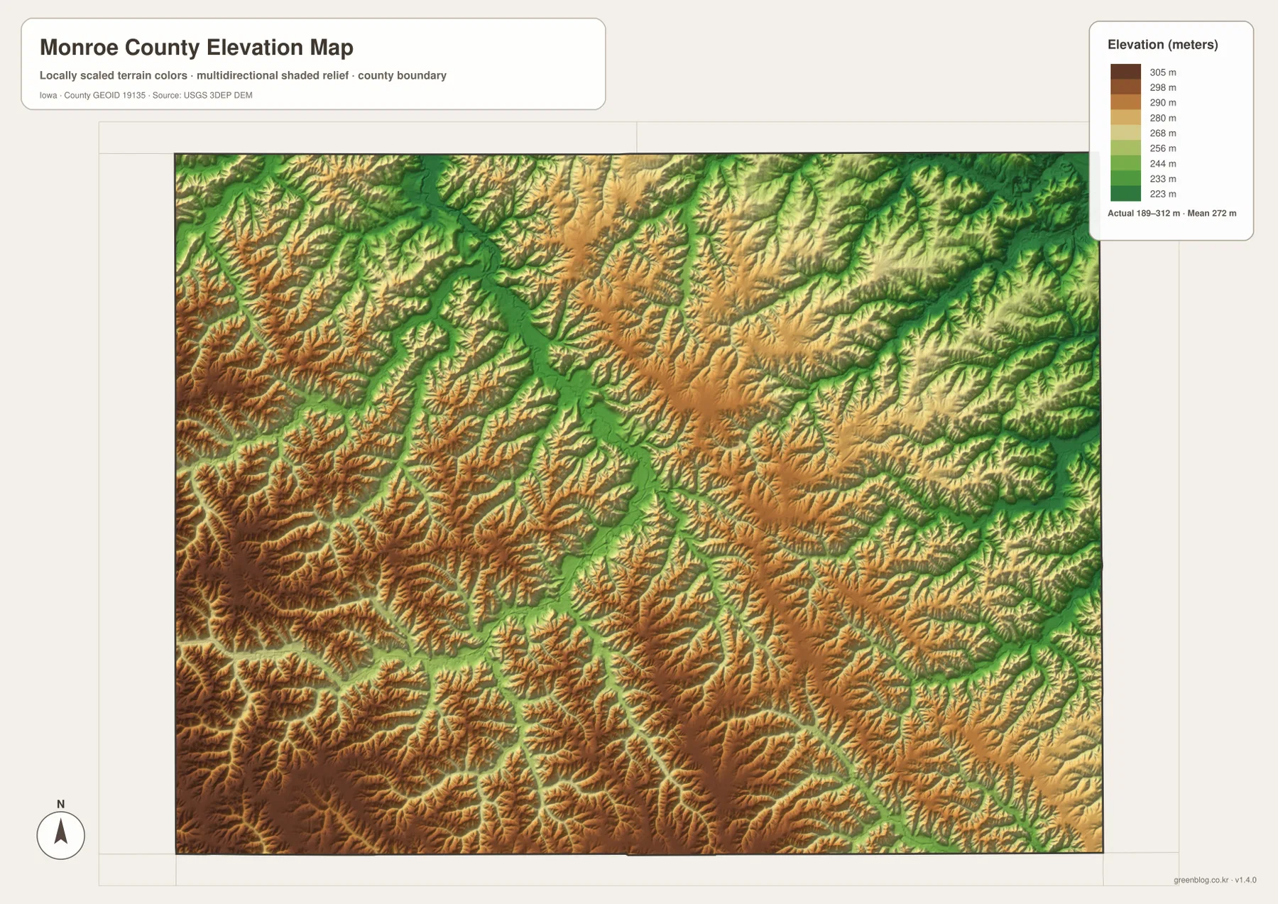 Monroe County Iowa elevation map 189 312 meters western uplands eastern creek valleys