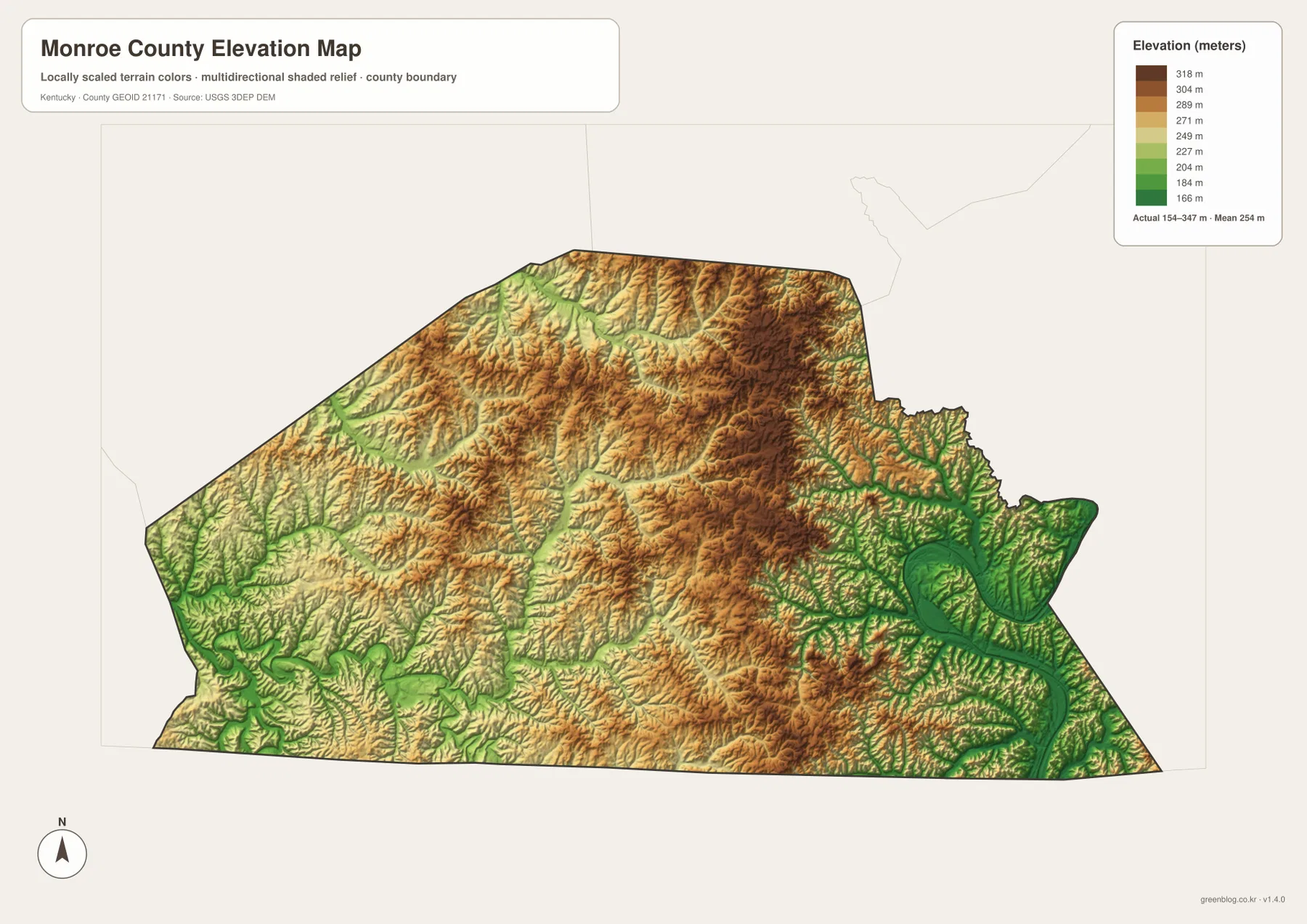 Monroe County의 약 154~347m 고도 범위와 Cumberland River 저지대, Barren River 골짜기, 북중부 높은 능선을 보여 주는 고도 지도