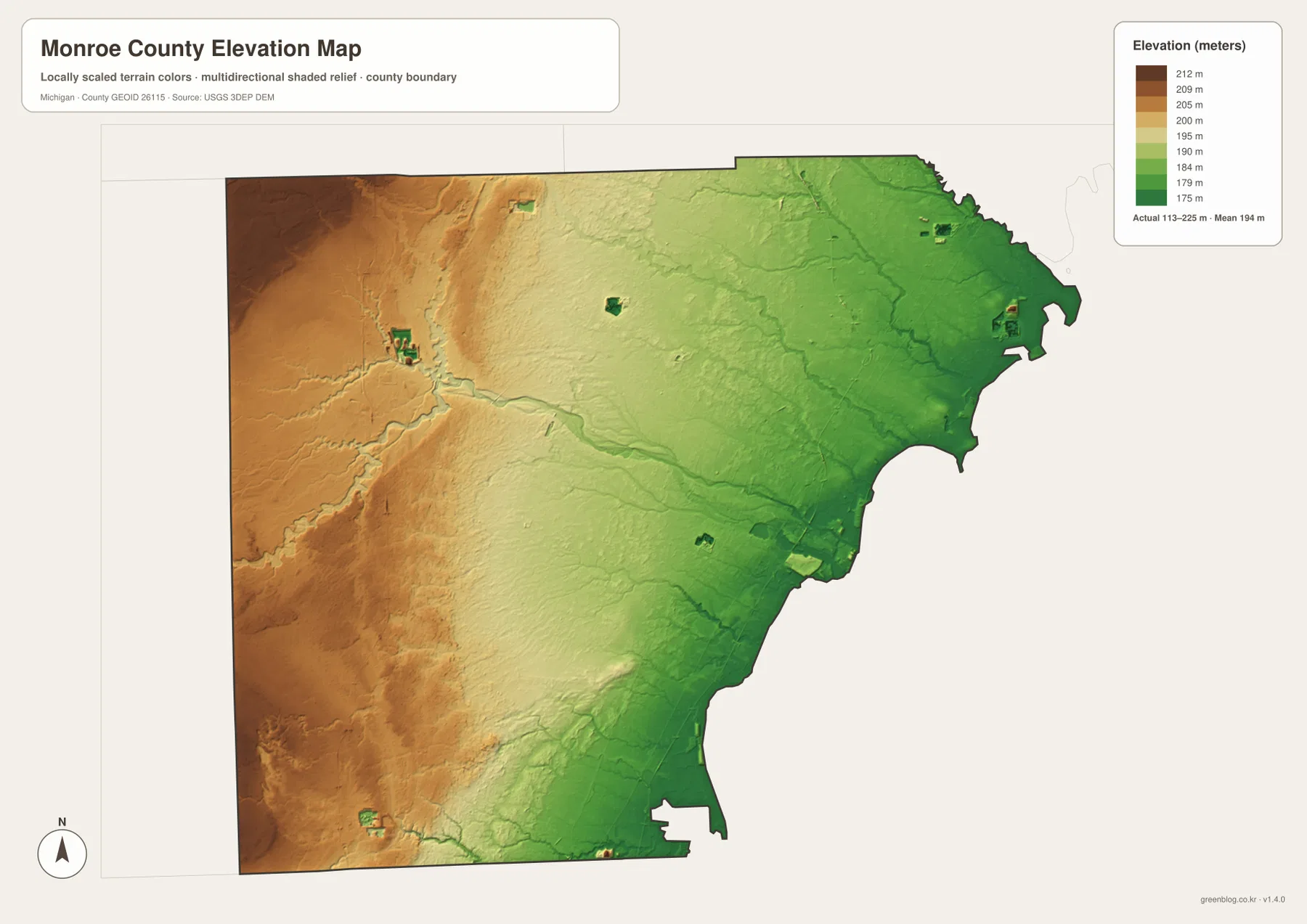 Elevation map of Monroe County Michigan showing higher western ground and lower Lake Erie shoreline terrain