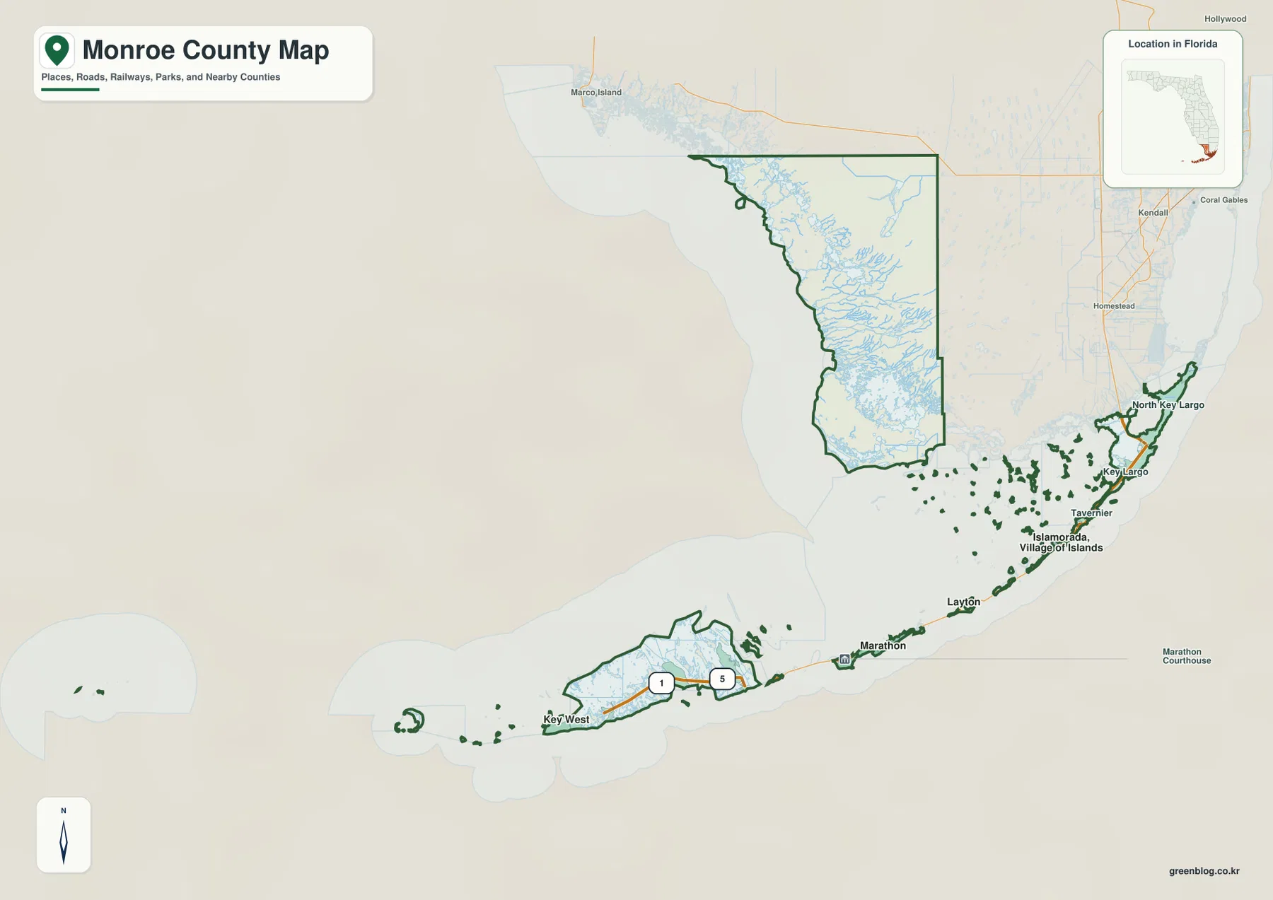Monroe County Florida map showing Key Largo, Marathon, Key West, and the Everglades mainland
