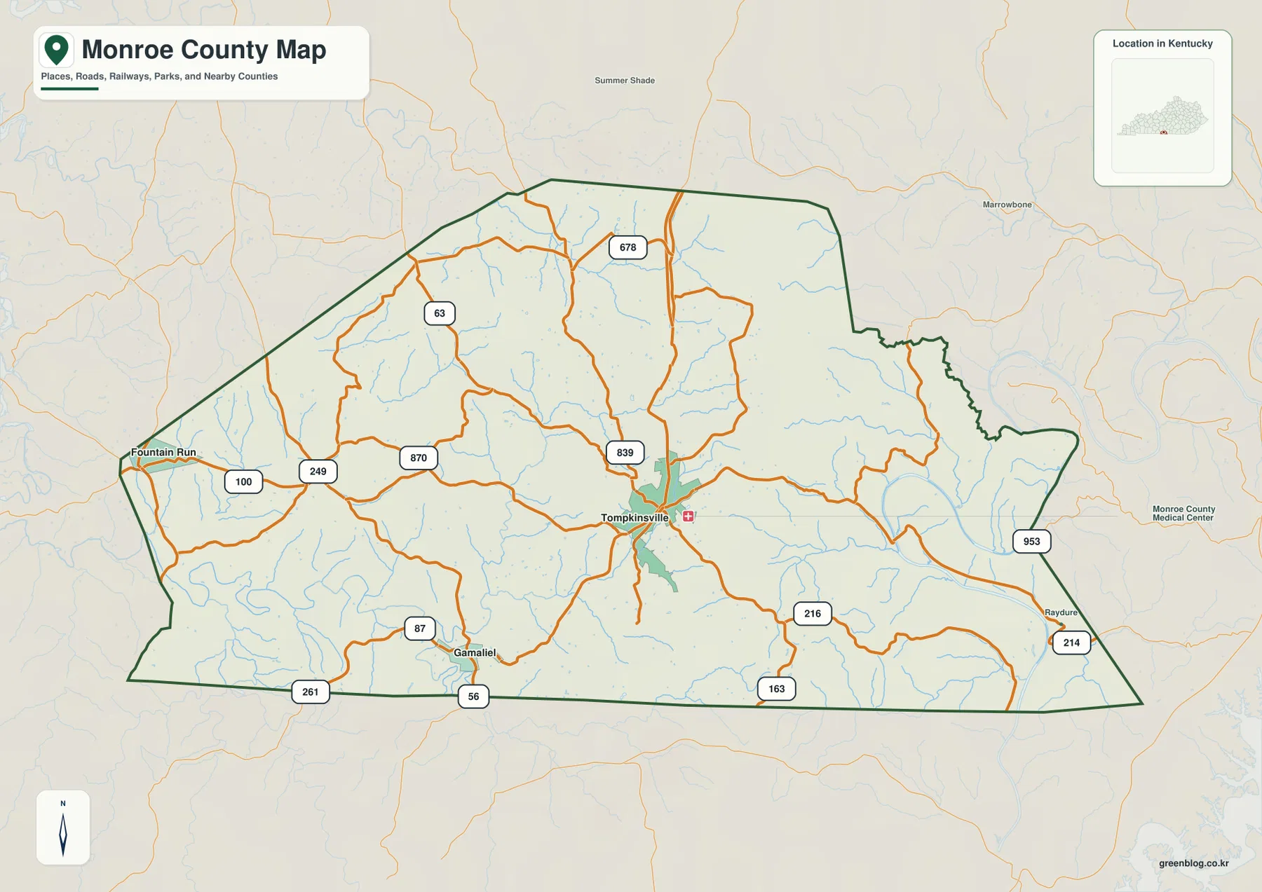 켄터키주 Monroe County의 Tompkinsville, Gamaliel, Fountain Run과 주요 도로 및 Cumberland River 방향을 표시한 지도