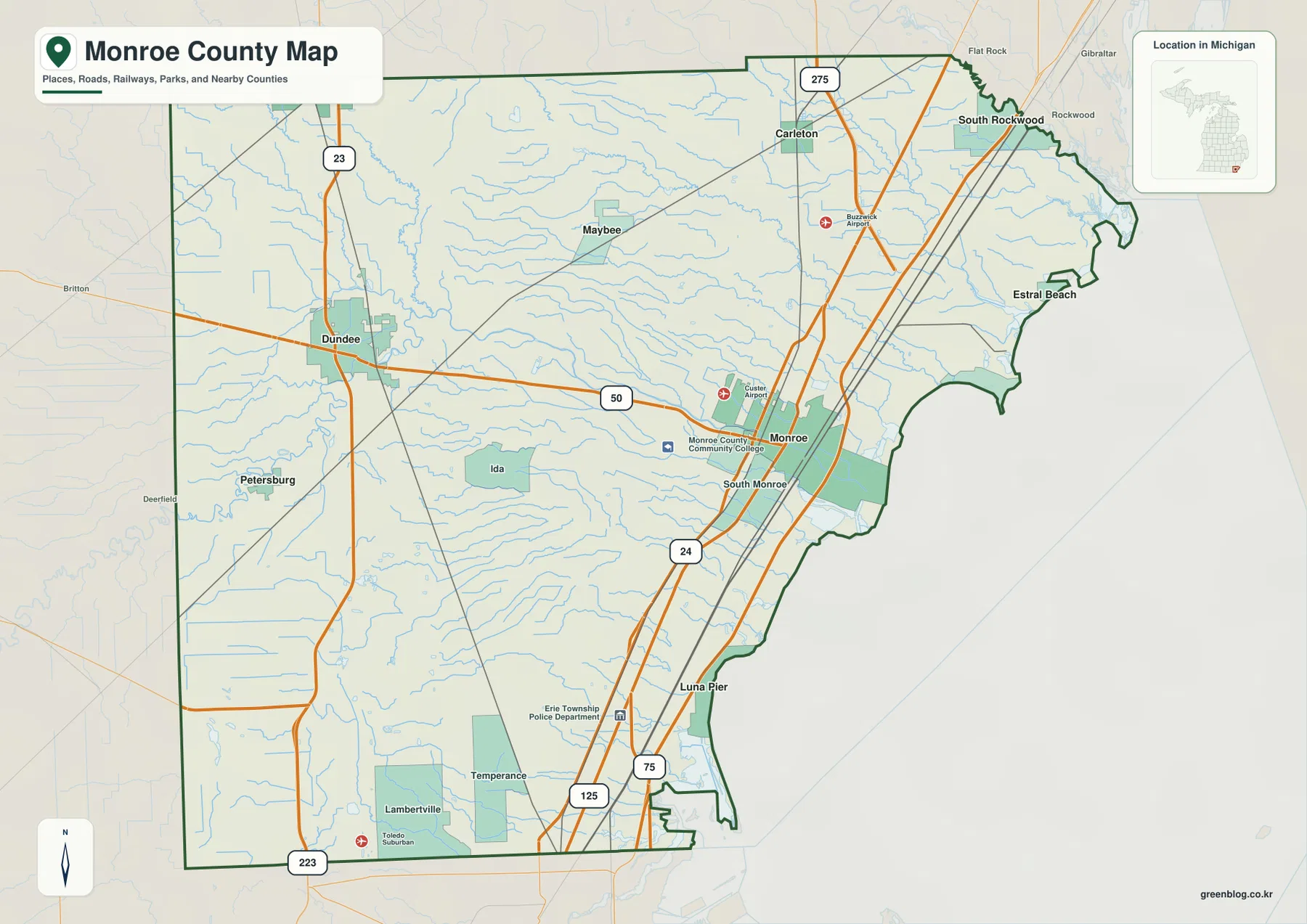 Map of Monroe County Michigan showing Monroe, Dundee, roads, railways, parks, streams, and county boundaries