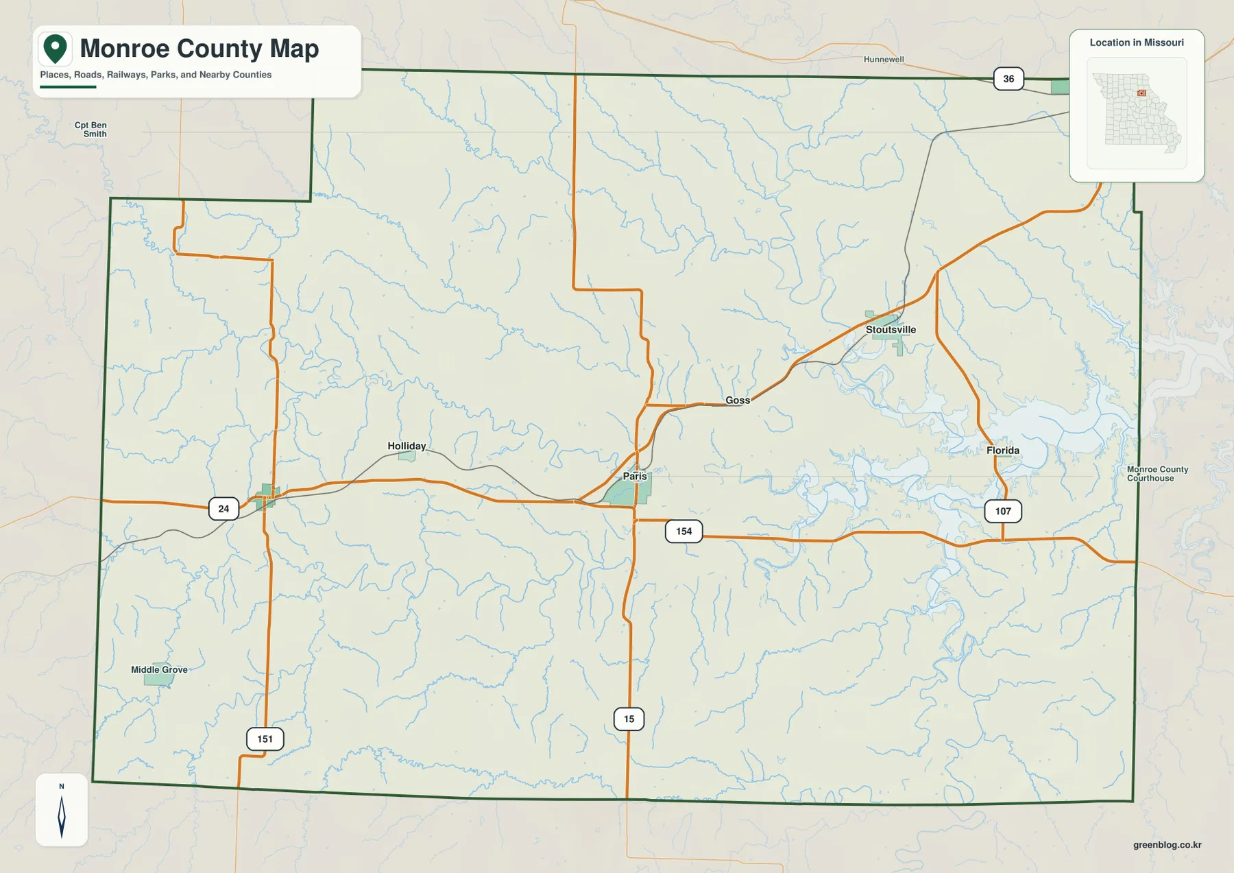 Paris, Monroe City, U.S. 24, Route 15, Route 154와 주변 카운티 경계를 표시한 미주리주 Monroe County 지도