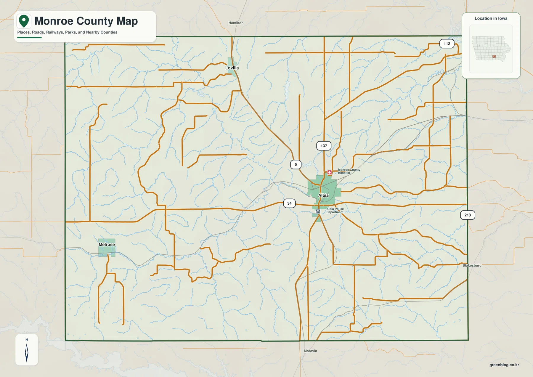 Monroe County Iowa map Albia Lovilia Melrose U.S. 34 Iowa 5
