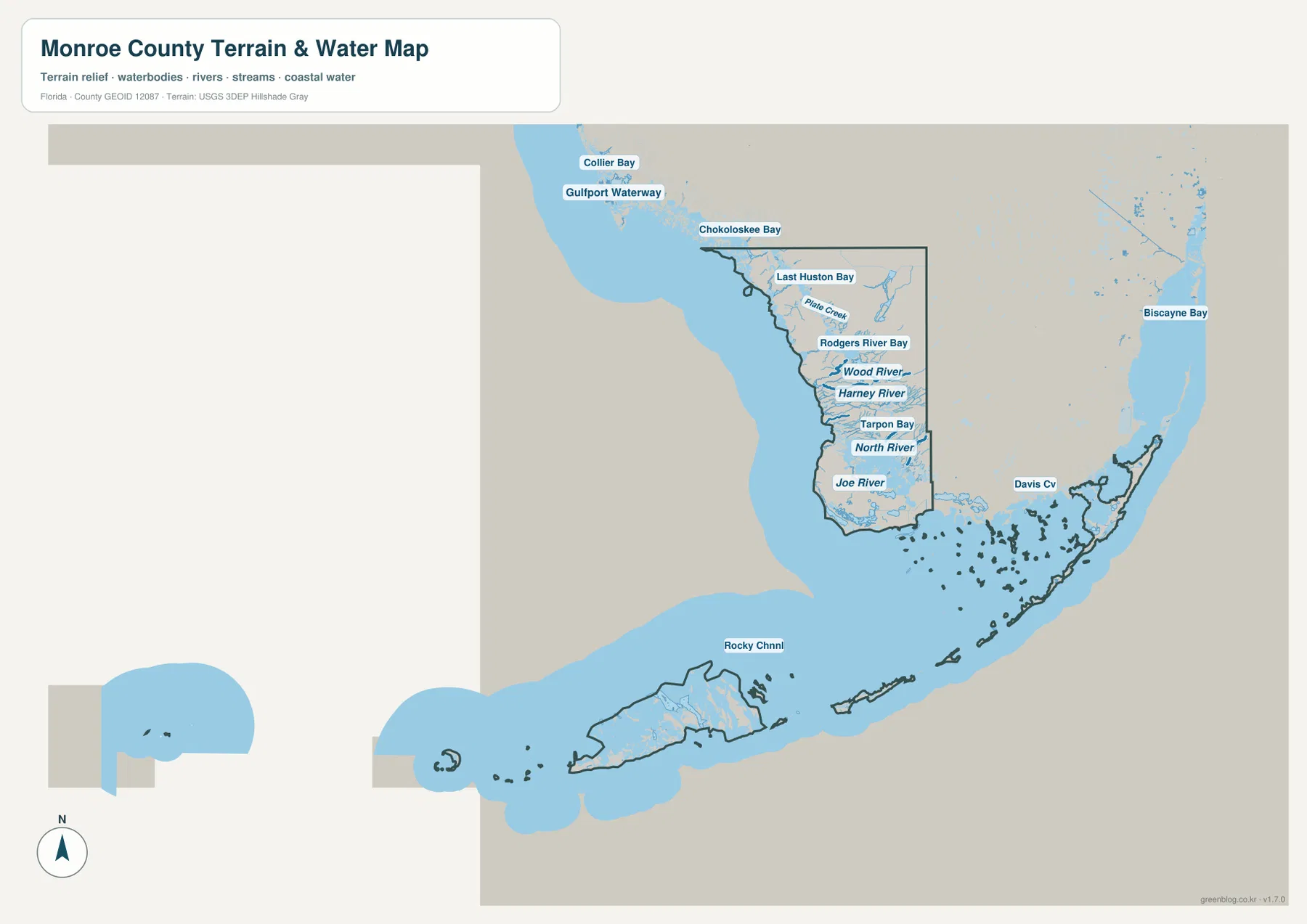 Monroe County water map showing Everglades rivers, bays, Florida Bay, and waters around the Keys