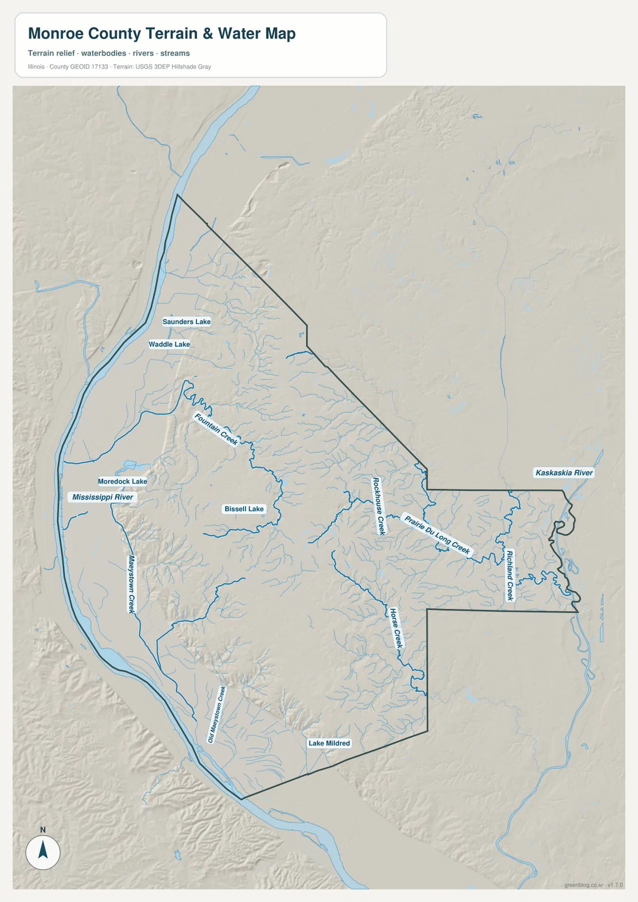 Mississippi River, Fountain Creek, Rockhouse Creek, Prairie du Long Creek, Richland Creek, Kaskaskia River와 여러 호수를 보여 주는 Monroe County 수역 지도