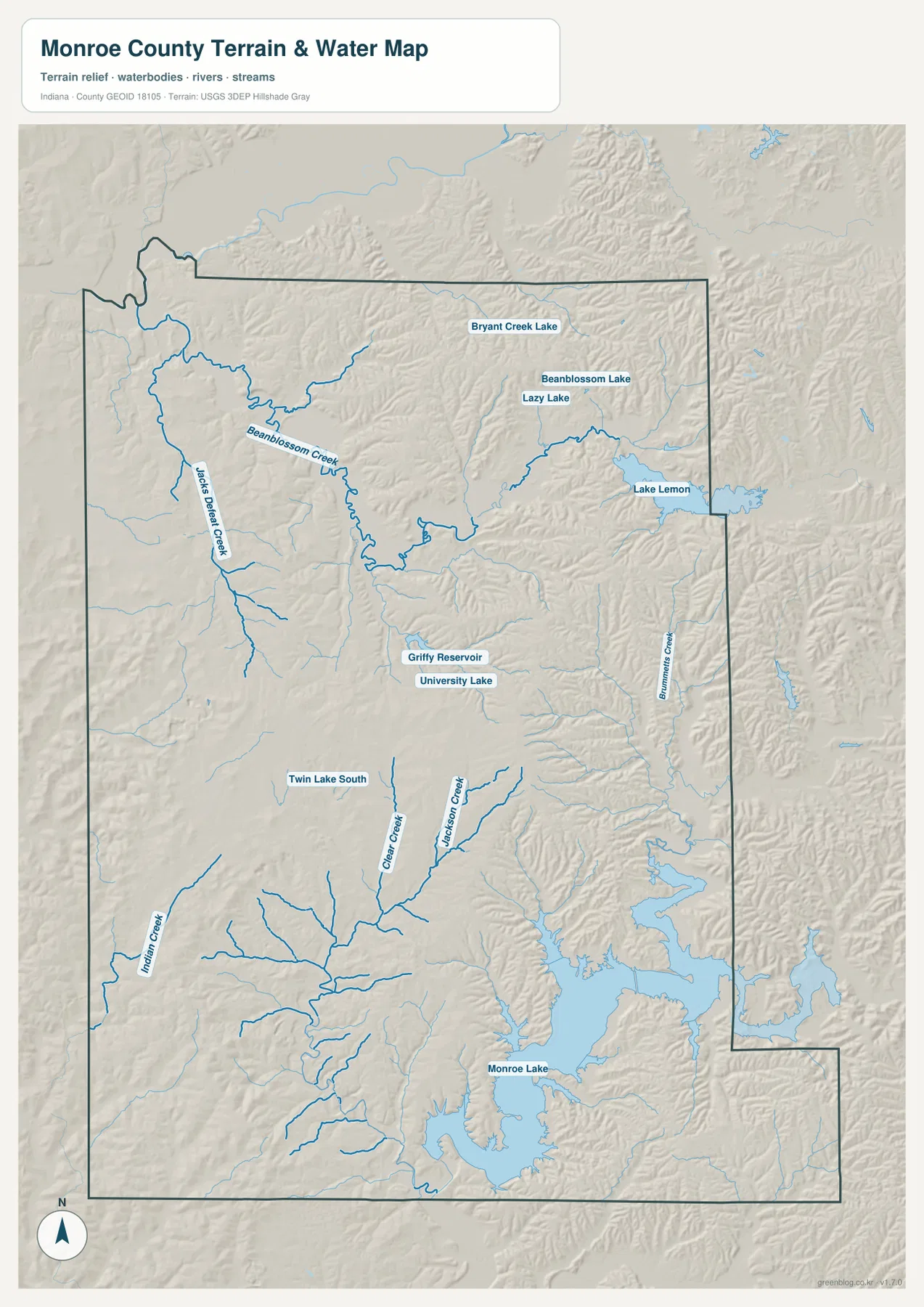 Monroe County terrain and water map showing Monroe Lake, Lake Lemon, Griffy Reservoir, University Lake, Beanblossom Lake, Bryant Creek Lake, and named creeks