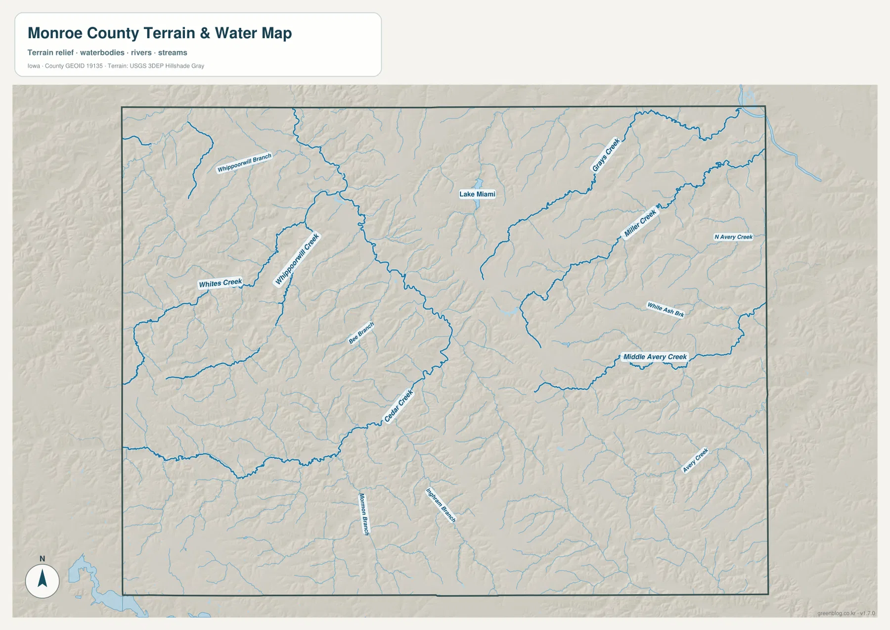 Monroe County Iowa water map Whippoorwill Creek Avery Creek Lake Miami