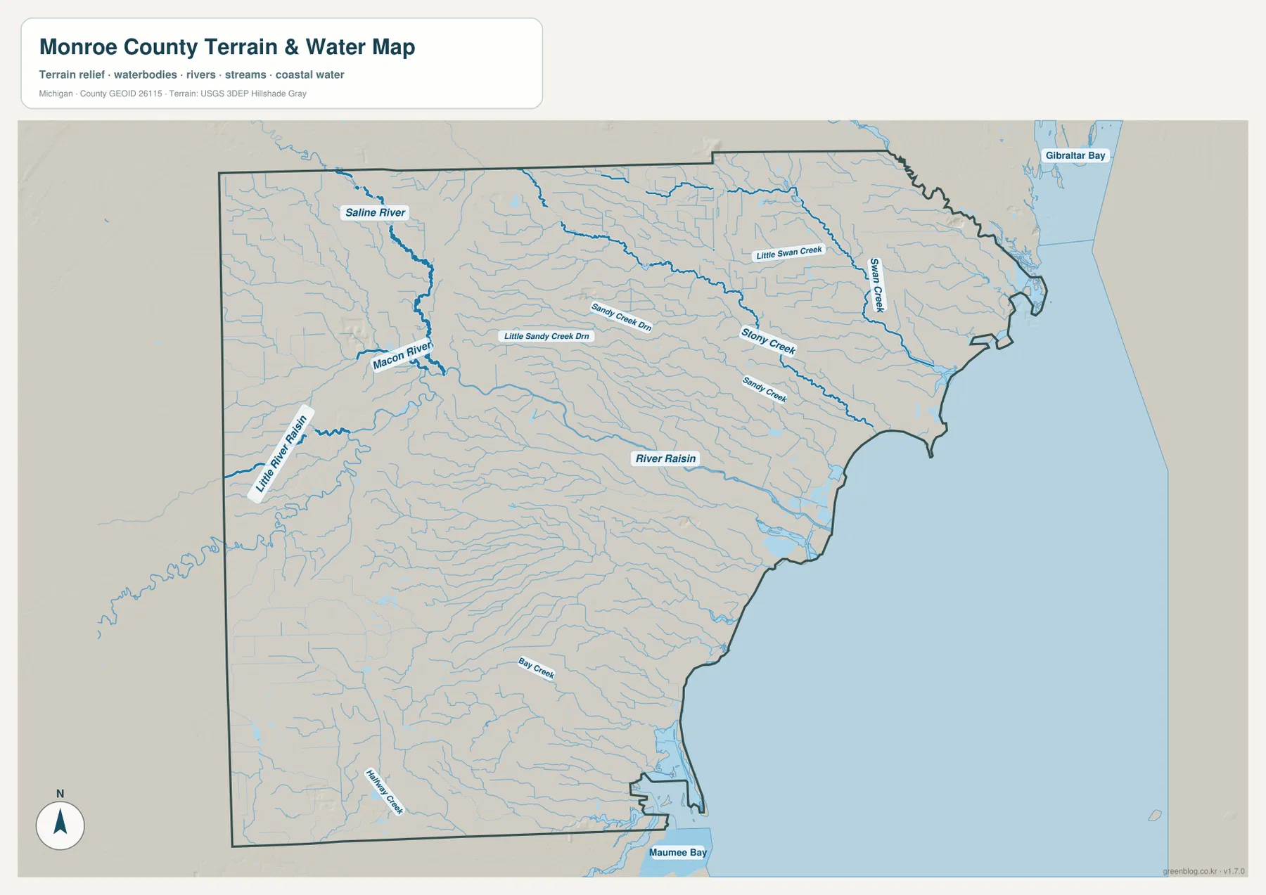 Monroe County Michigan water map showing River Raisin, Macon River, Saline River, creeks, Gibraltar Bay, and Maumee Bay