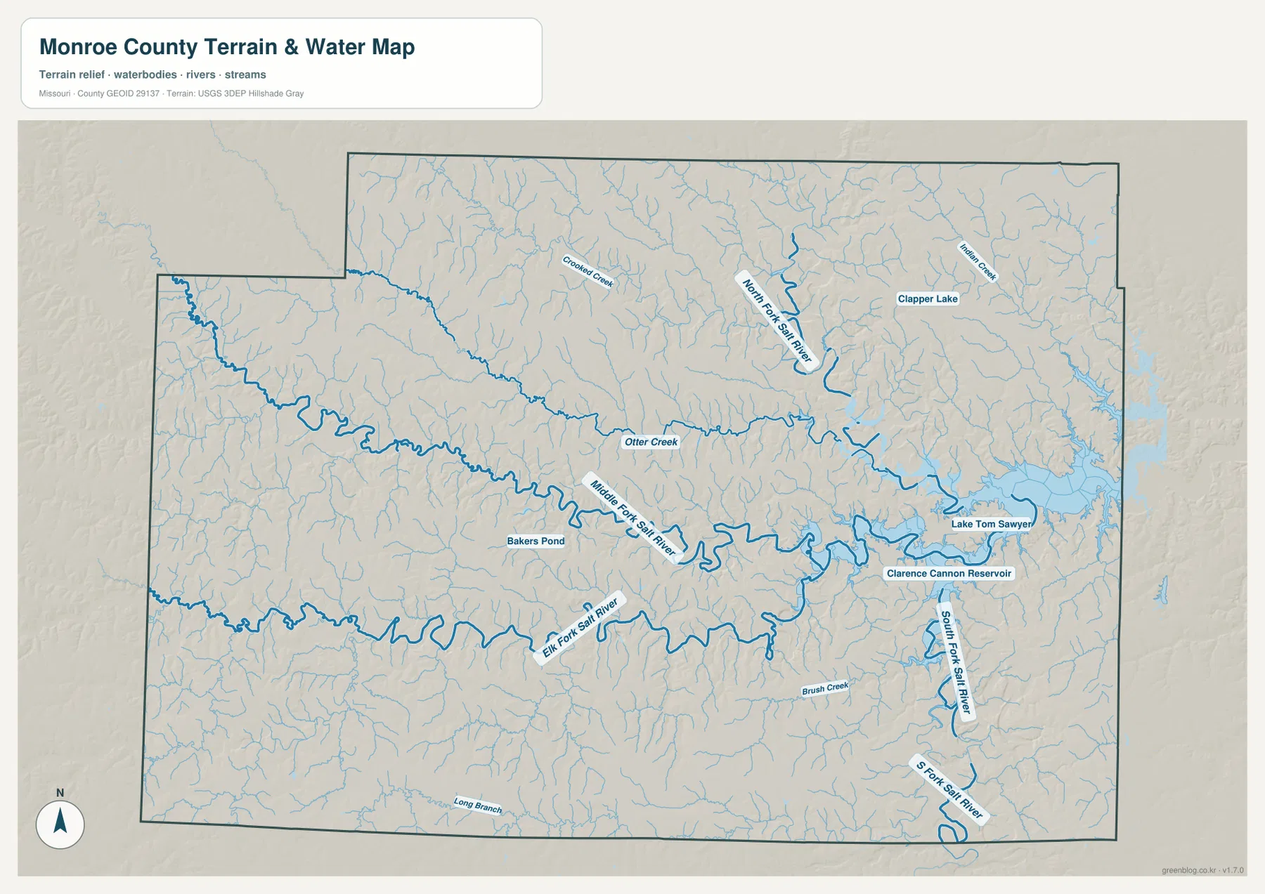 North Fork, Middle Fork, Elk Fork, South Fork Salt River와 Clarence Cannon Reservoir를 표시한 Monroe County 수역 지도