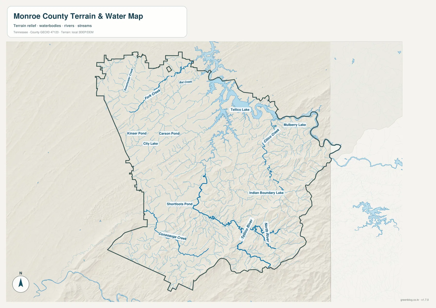 먼로 카운티 수역 지도 - Tellico Lake, Citico Creek, Tellico River, North River, Conasauga Creek