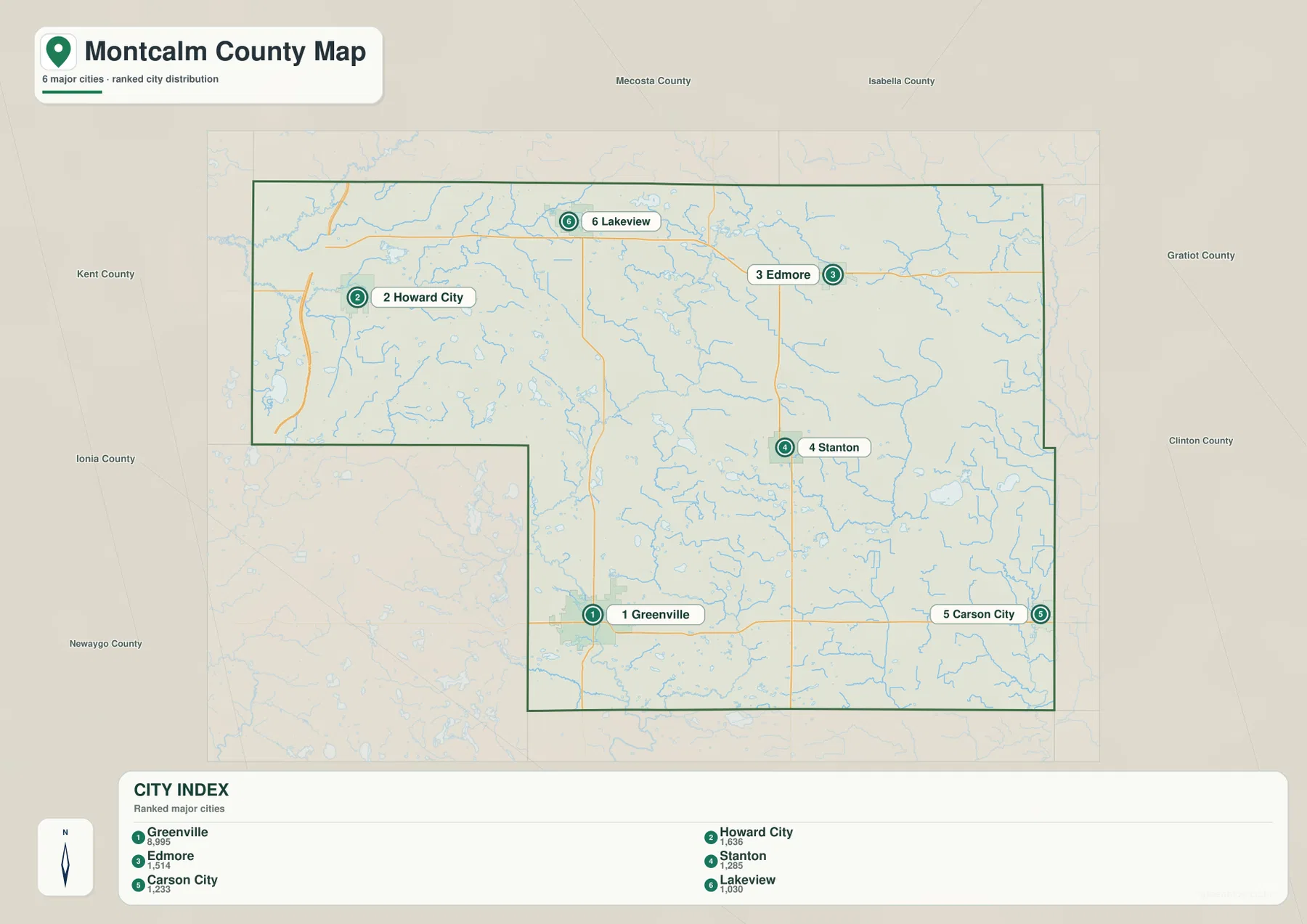 Greenville, Howard City, Edmore, Stanton, Carson City, Lakeview의 위치를 표시한 Montcalm County 도시 지도