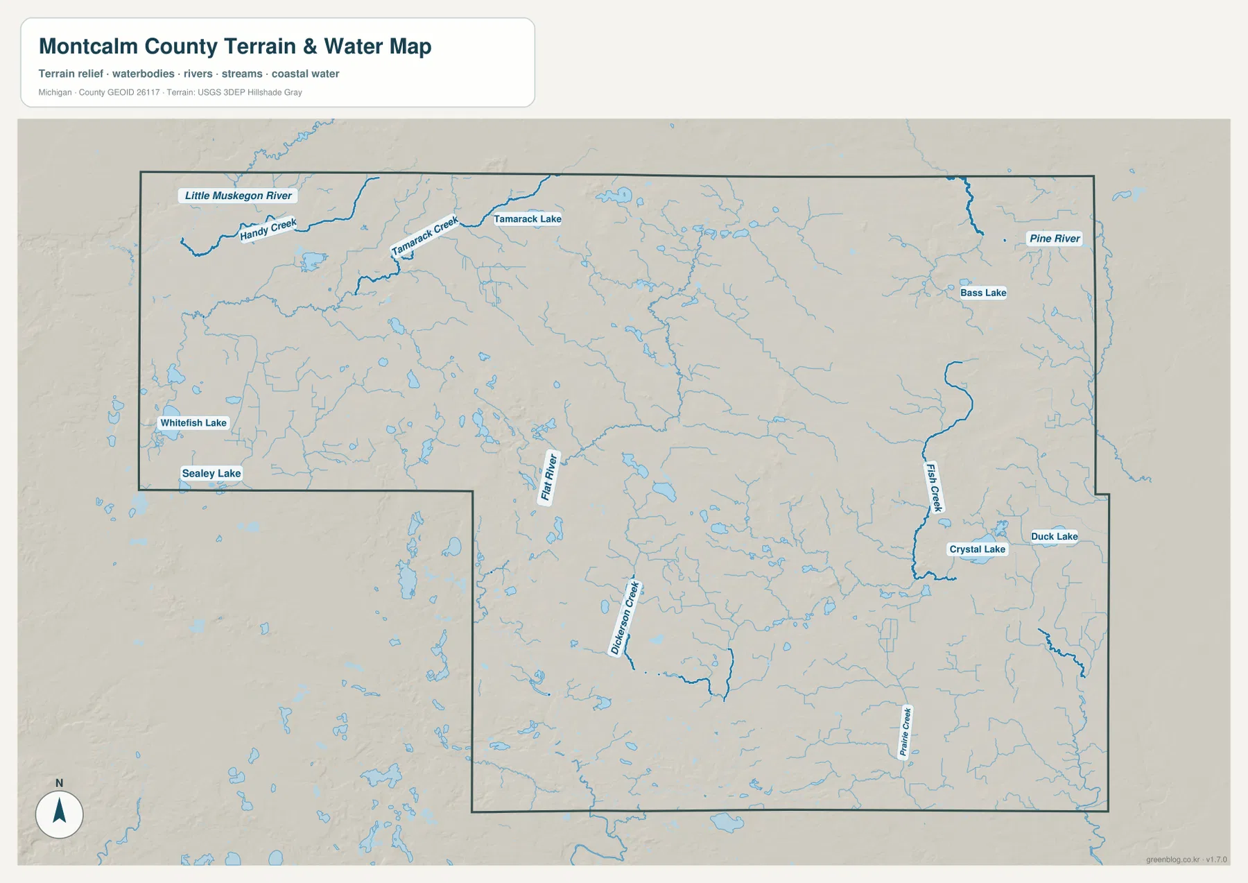 Flat River, Little Muskegon River, Pine River, Fish Creek과 여러 호수를 표시한 Montcalm County 수역 지도