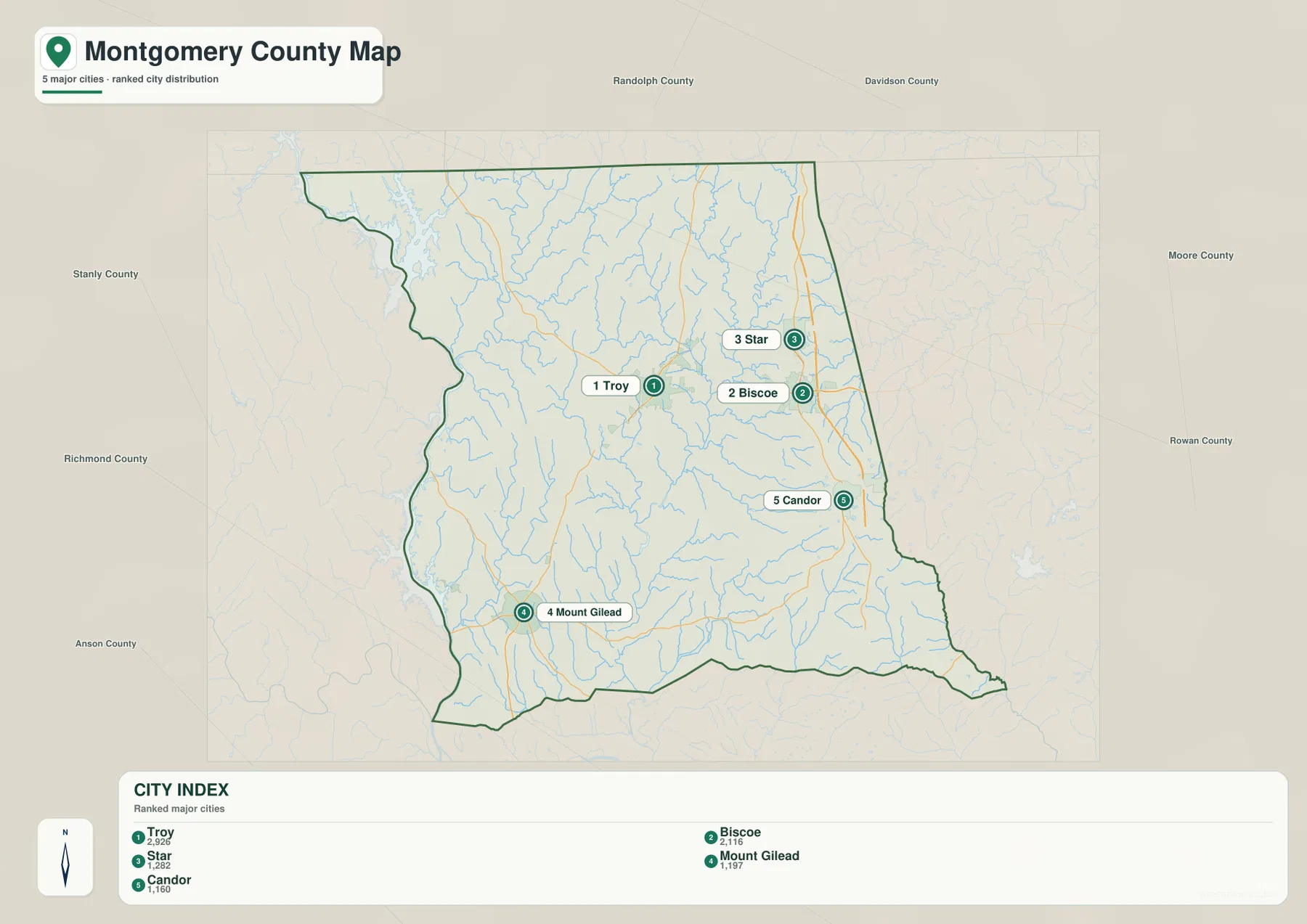 Montgomery County city map comparing Troy, Biscoe, Star, Mount Gilead and Candor