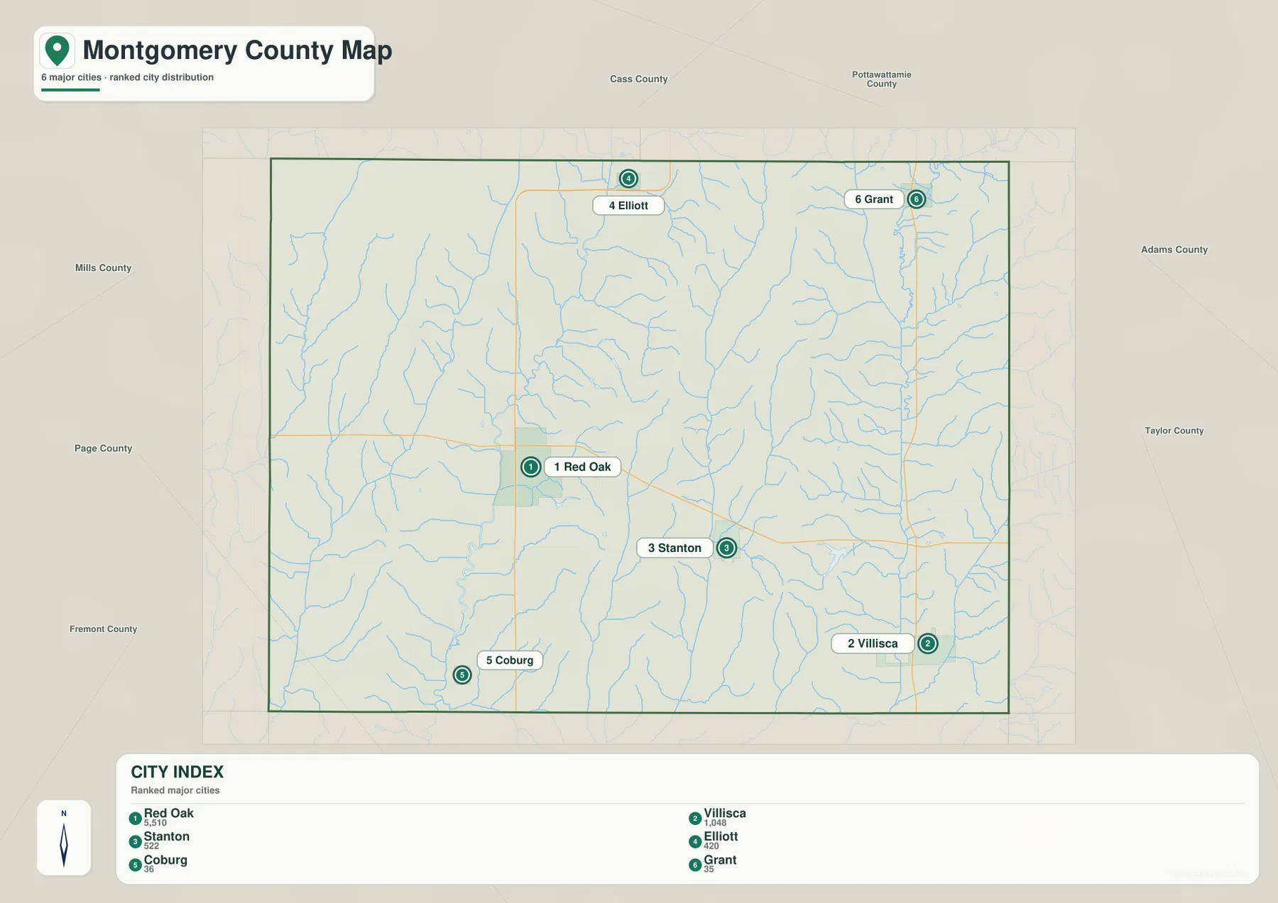 Montgomery County Iowa city map Red Oak Villisca Stanton Elliott Coburg Grant