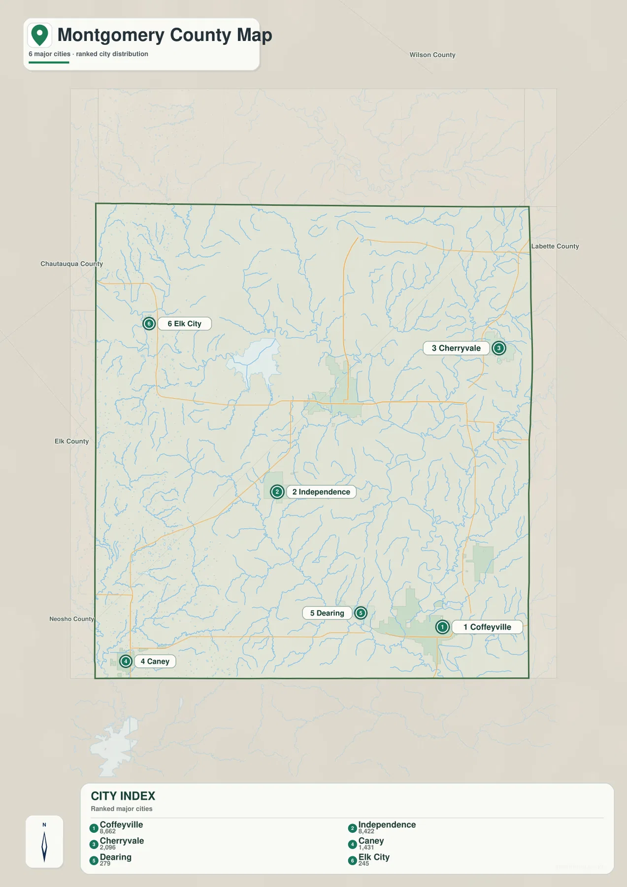 Montgomery County Kansas city map with Coffeyville, Independence, Cherryvale, Caney, Dearing and Elk City