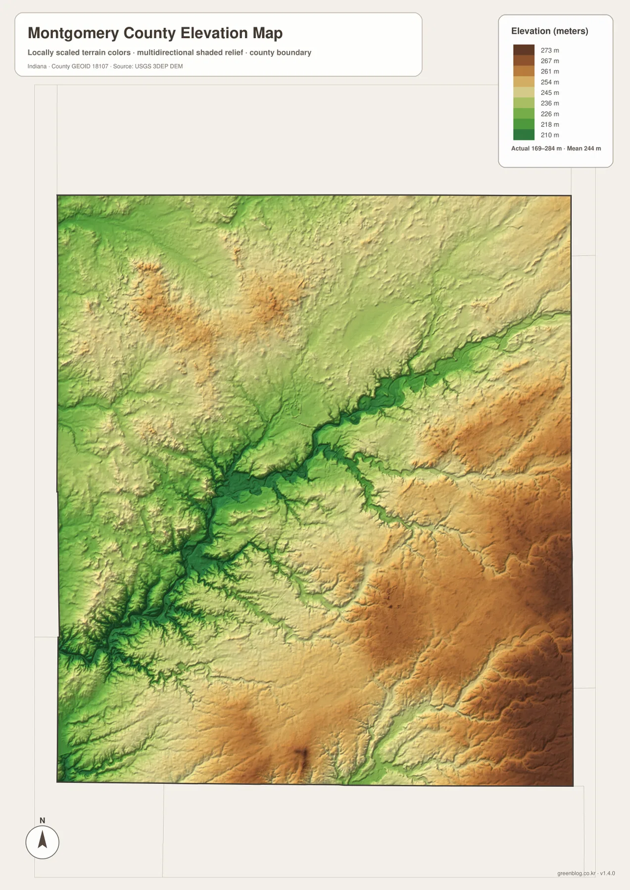 Montgomery County elevation map showing a low green Sugar Creek valley through the center and higher tan-brown terrain across the east and southeast