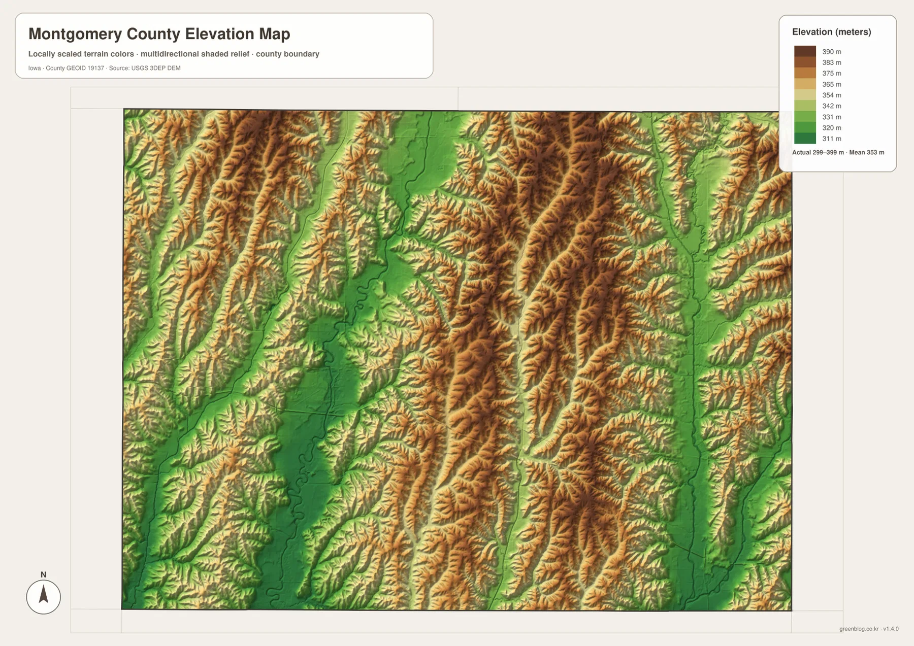 Montgomery County Iowa elevation map 299 399 meters Tarkio River central ridges