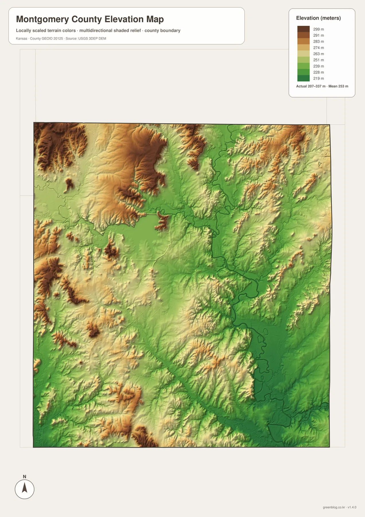 Montgomery County Kansas elevation map showing 207 to 337 meter relief, Elk River hills and Verdigris lowlands