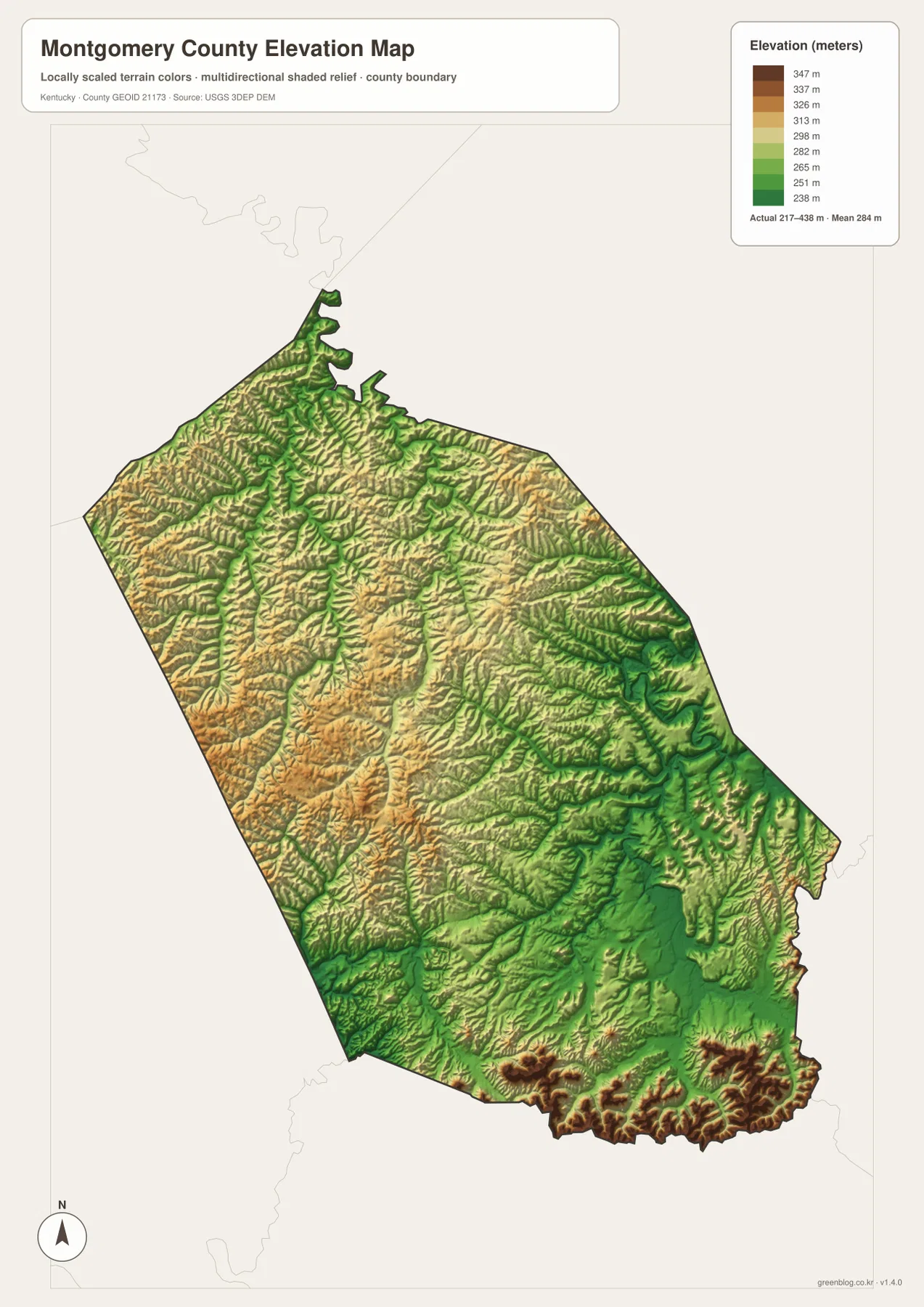 Montgomery County elevation map showing the 217 to 438 meter range, low Hinkston and Spencer creek valleys, and high southeastern ridges