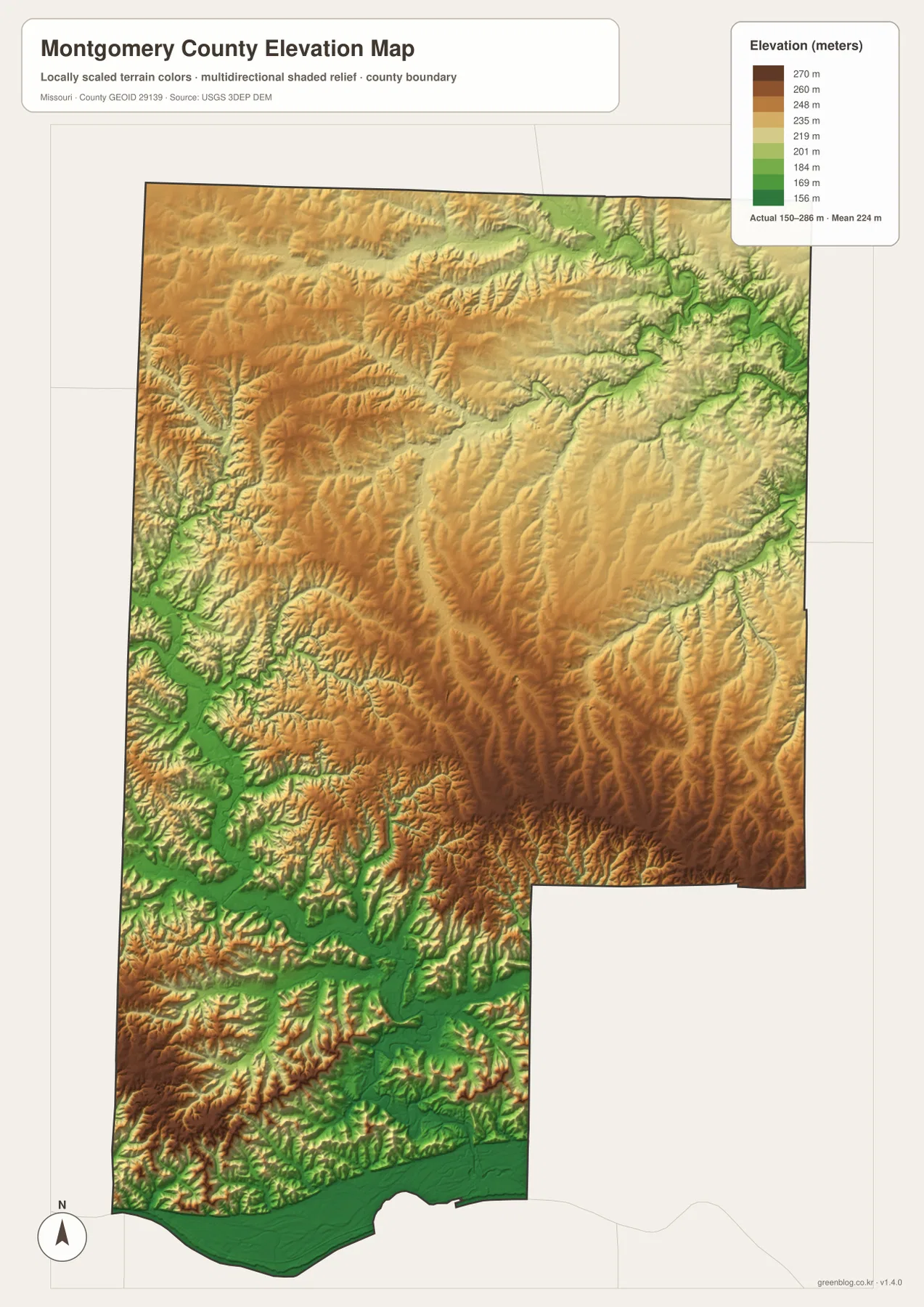 150~286m 고도 범위와 Missouri River 및 Loutre River 저지를 보여 주는 Montgomery County 고도 지도