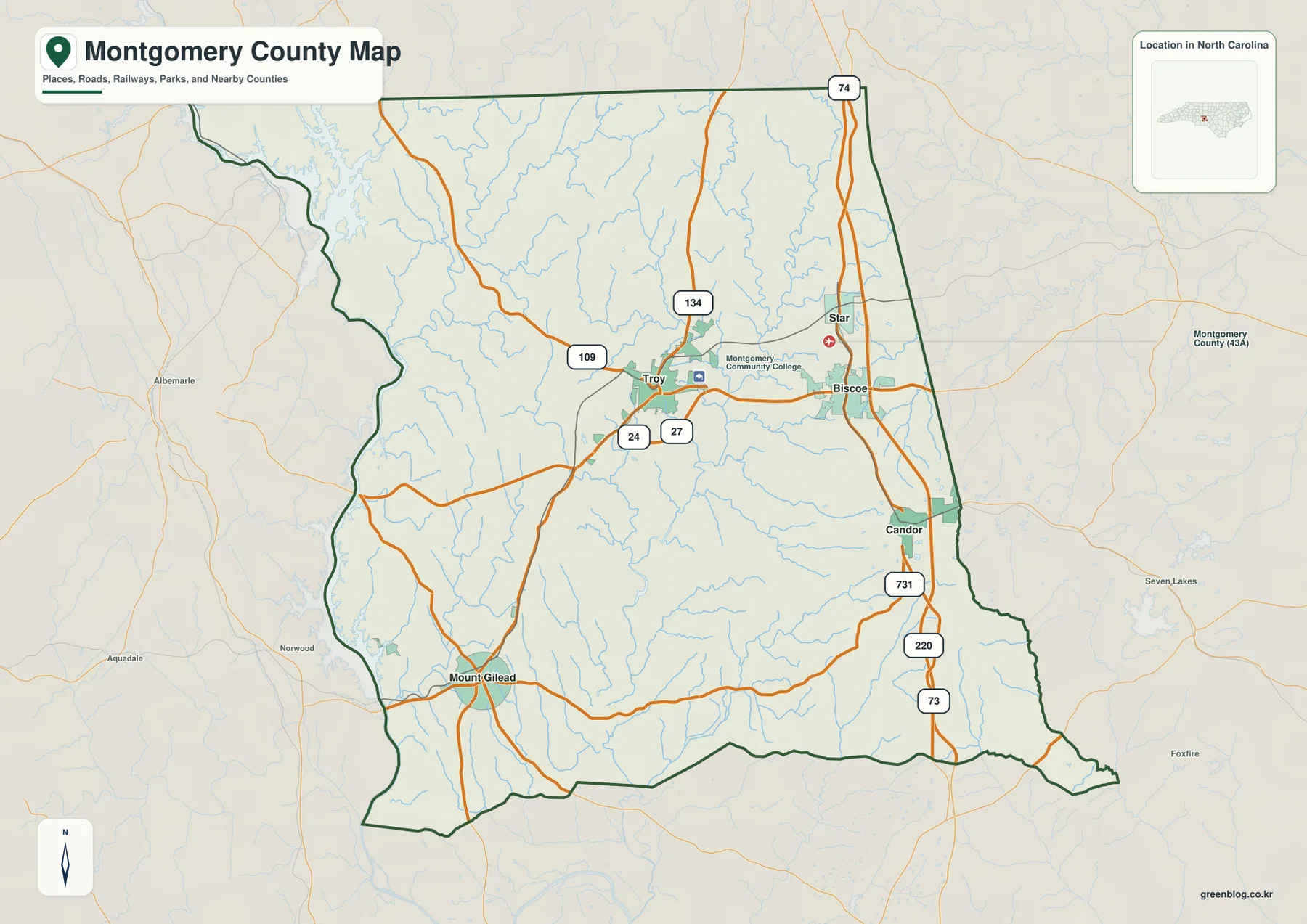 Montgomery County North Carolina map showing Troy, Biscoe, Star, Candor, Mount Gilead and major numbered roads