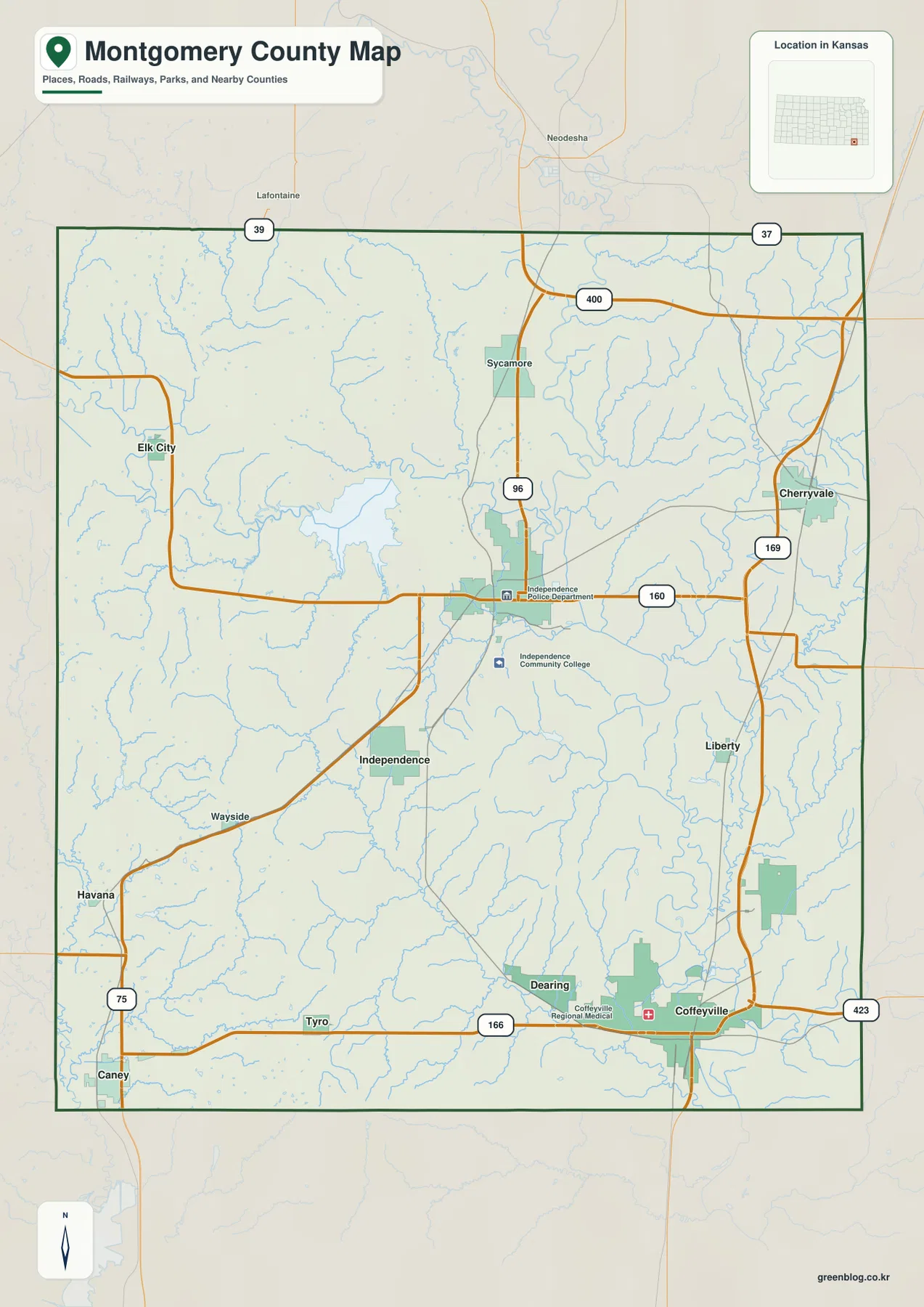 Montgomery County Kansas map showing Independence, Coffeyville, Cherryvale, Caney, US 160, US 169 and US 75