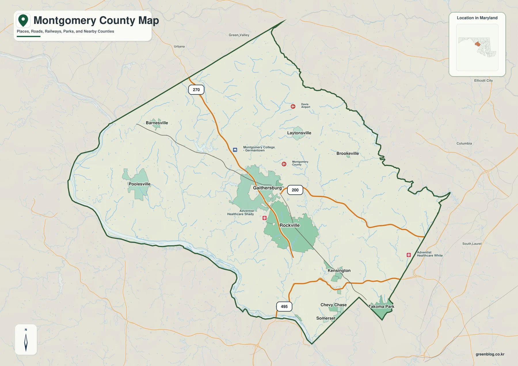 Montgomery County Maryland 지도에 Rockville, Gaithersburg, Poolesville, Barnesville, Laytonsville, Brookeville, Kensington, Chevy Chase, Takoma Park와 주요 도로가 표시된 모습