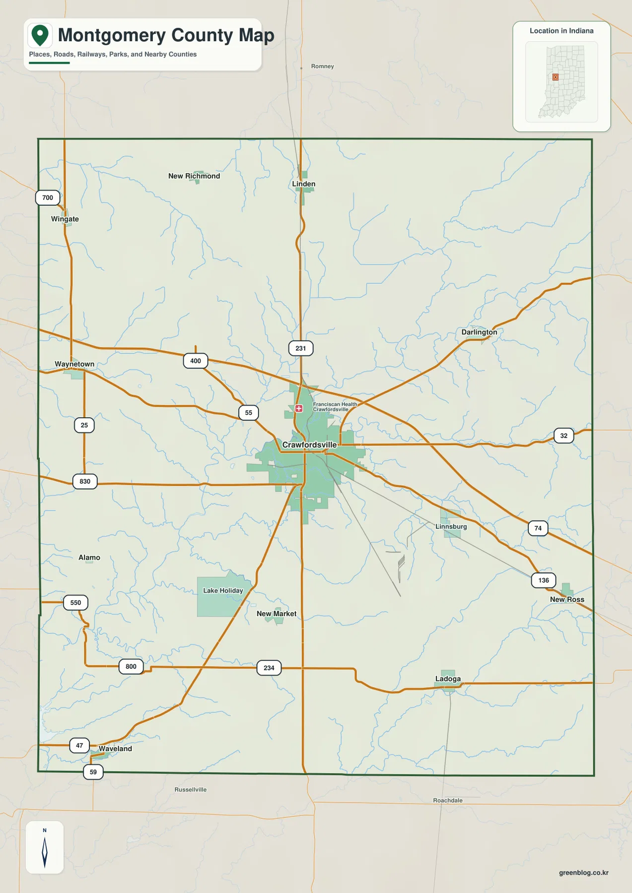 Montgomery County Indiana general map showing Crawfordsville, Linden, Darlington, Waynetown, Ladoga, New Market, and major roads