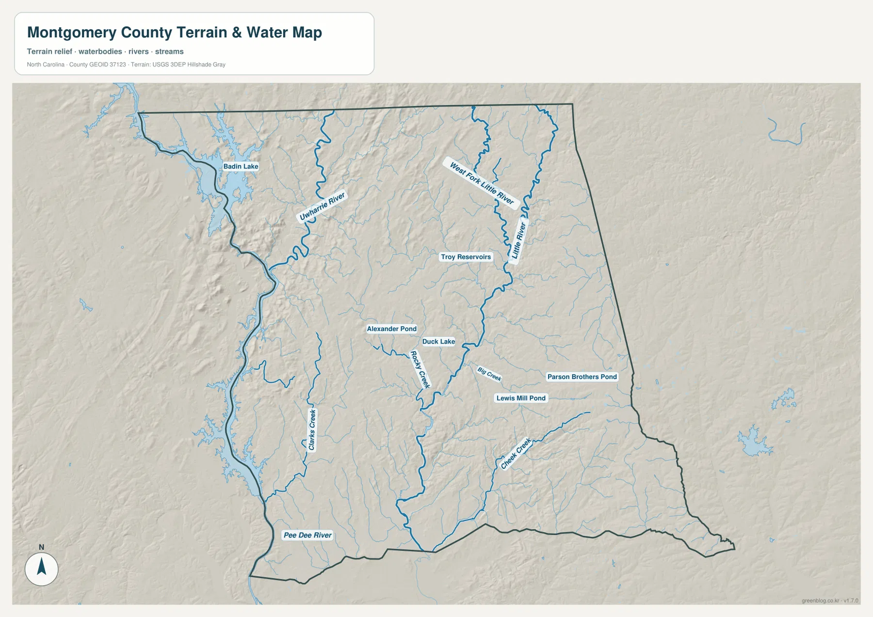 Montgomery County terrain and water map showing Badin Lake, Uwharrie River, Little River, Pee Dee River, Troy Reservoirs and smaller ponds