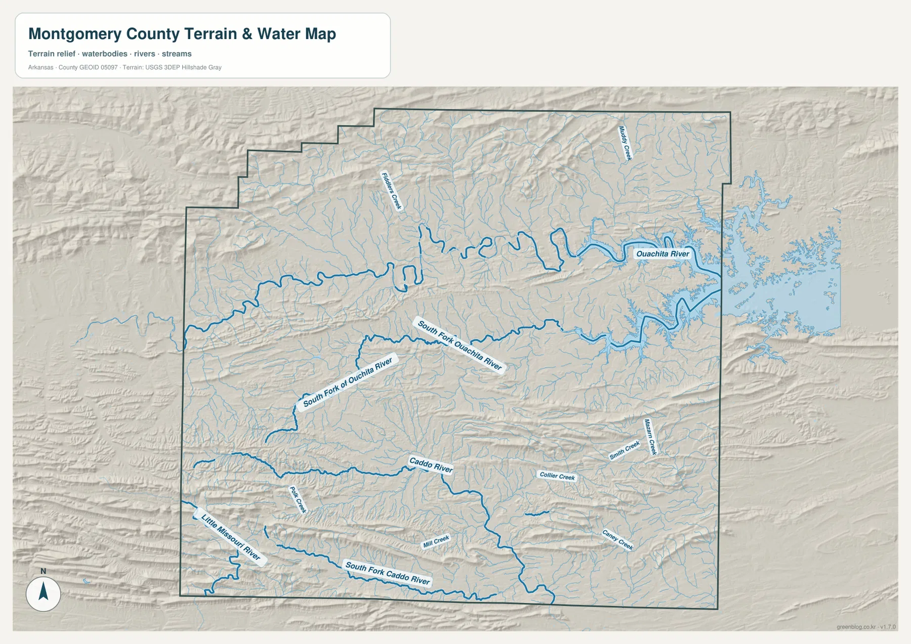 Ouachita River, South Fork Ouachita River, Caddo River와 Little Missouri River를 표시한 몽고메리 카운티 수역 지형 지도