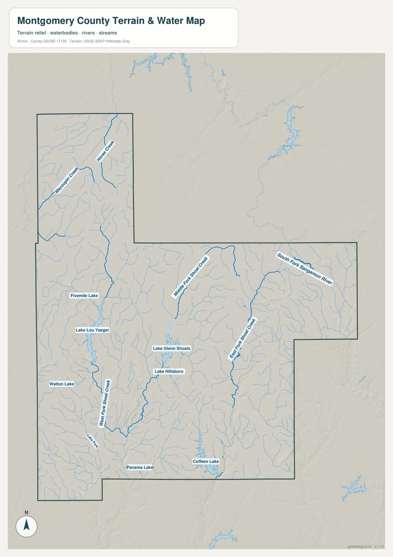 Lake Lou Yaeger, Lake Glenn Shoals, Lake Hillsboro, Macoupin Creek, Shoal Creek 지류와 South Fork Sangamon River를 보여 주는 Montgomery County 수역 지도