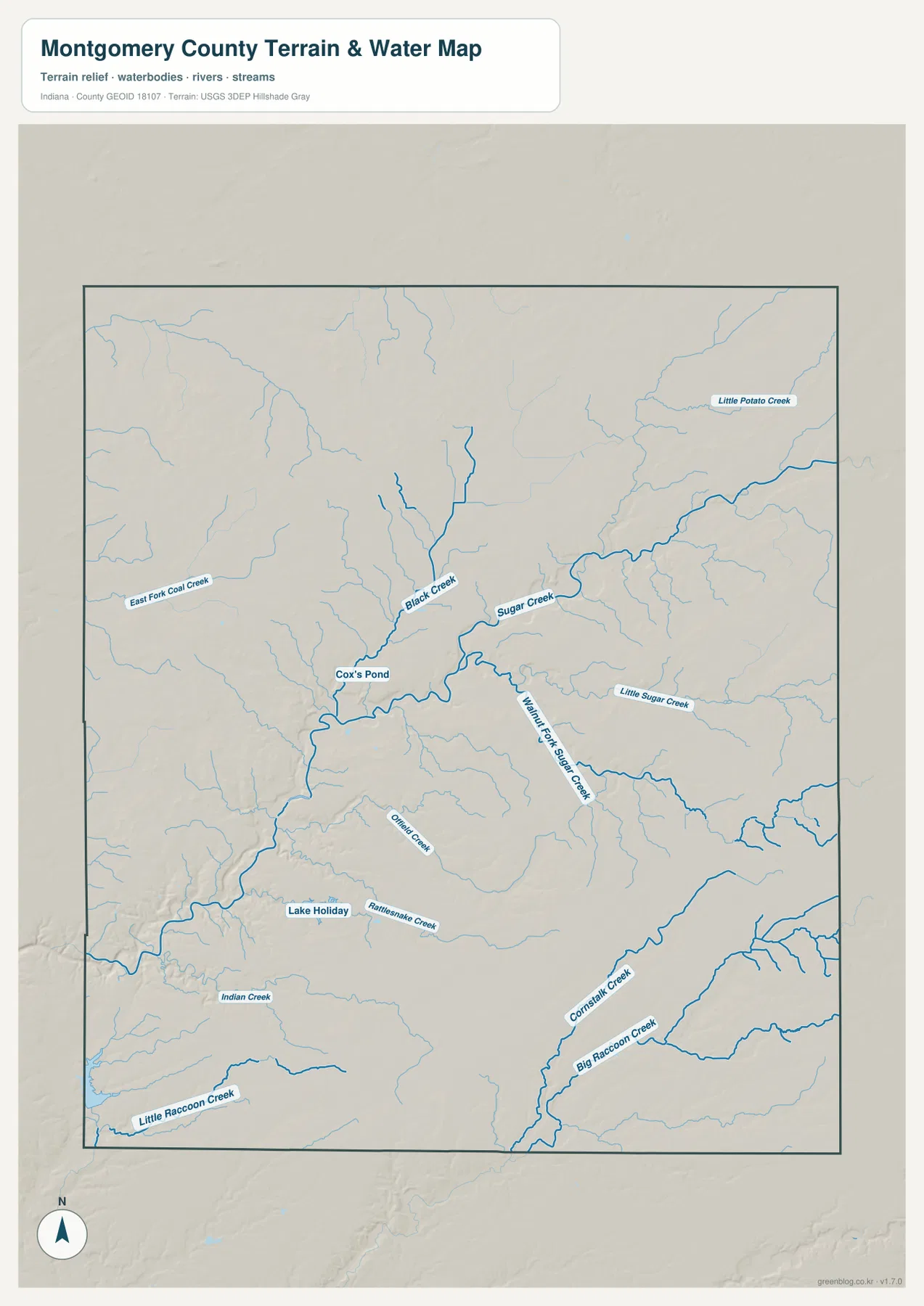 Montgomery County terrain and water map showing Sugar Creek, Black Creek, East Fork Coal Creek, Walnut Fork Sugar Creek, Little Sugar Creek, Big Raccoon Creek, and Lake Holiday