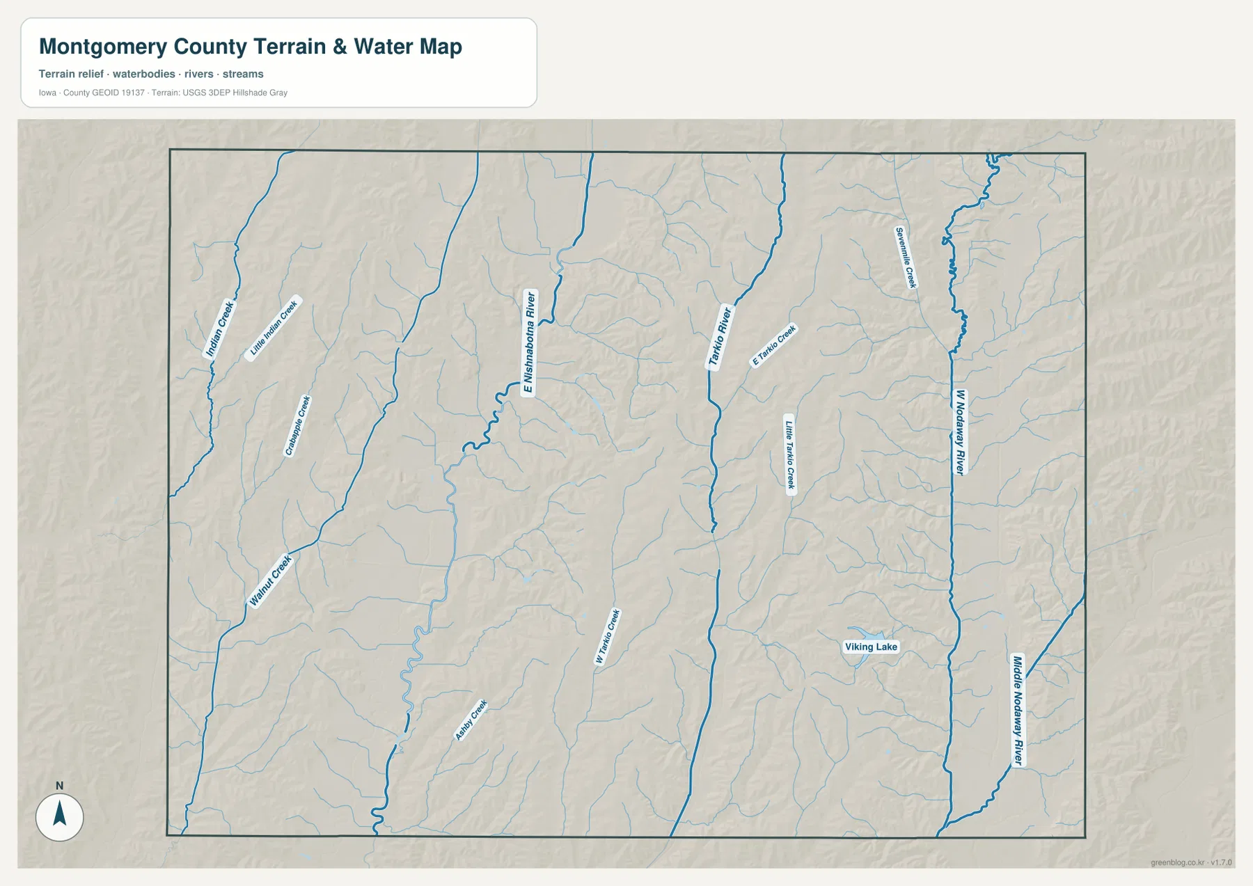 Montgomery County Iowa water map E Nishnabotna River Tarkio River W Nodaway River
