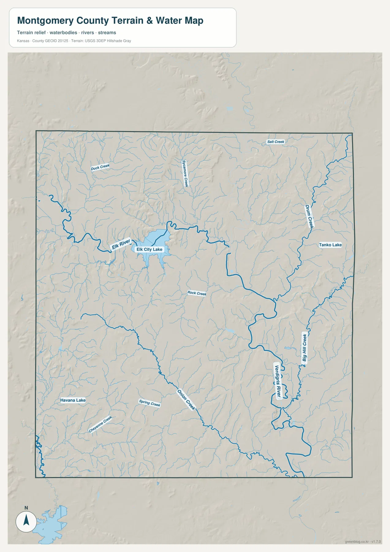Montgomery County Kansas water map showing Elk City Lake, Elk River, Verdigris River, Big Hill Creek and Drum Creek