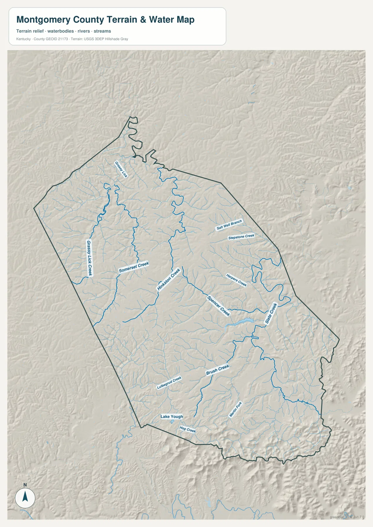 Montgomery County terrain and water map showing Hinkston Creek, Spencer Creek, Grassy Lick Creek, Somerset Creek, Brush Creek, Slate Creek, Martin Fork, and tributaries