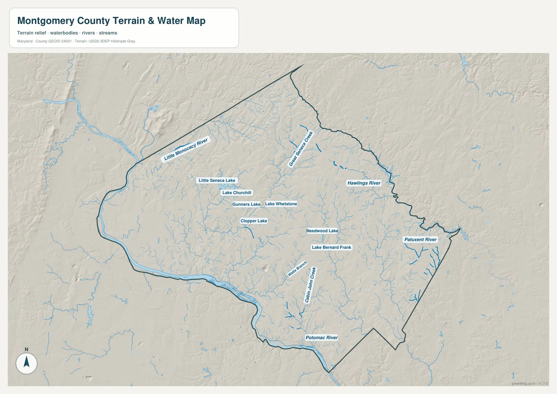 Montgomery County Maryland 수역 지도에 Potomac River, Little Monocacy River, Great Seneca Creek, Hawlings River, Patuxent River, Cabin John Creek, Little Seneca Lake와 여러 호수가 표시된 모습