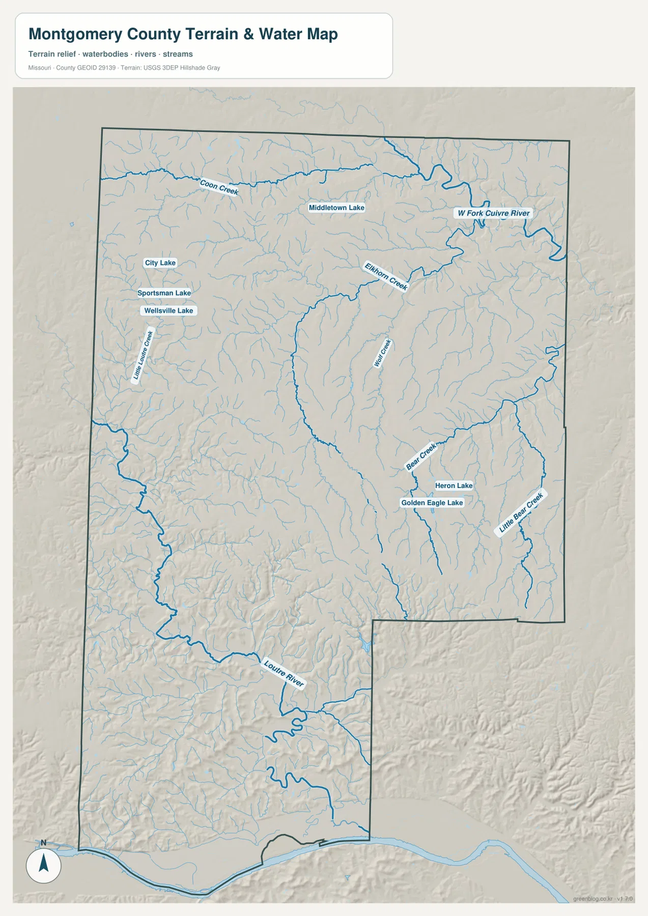 Loutre River, W Fork Cuivre River, Coon Creek, Bear Creek와 여러 호수를 표시한 Montgomery County 지형 수역 지도